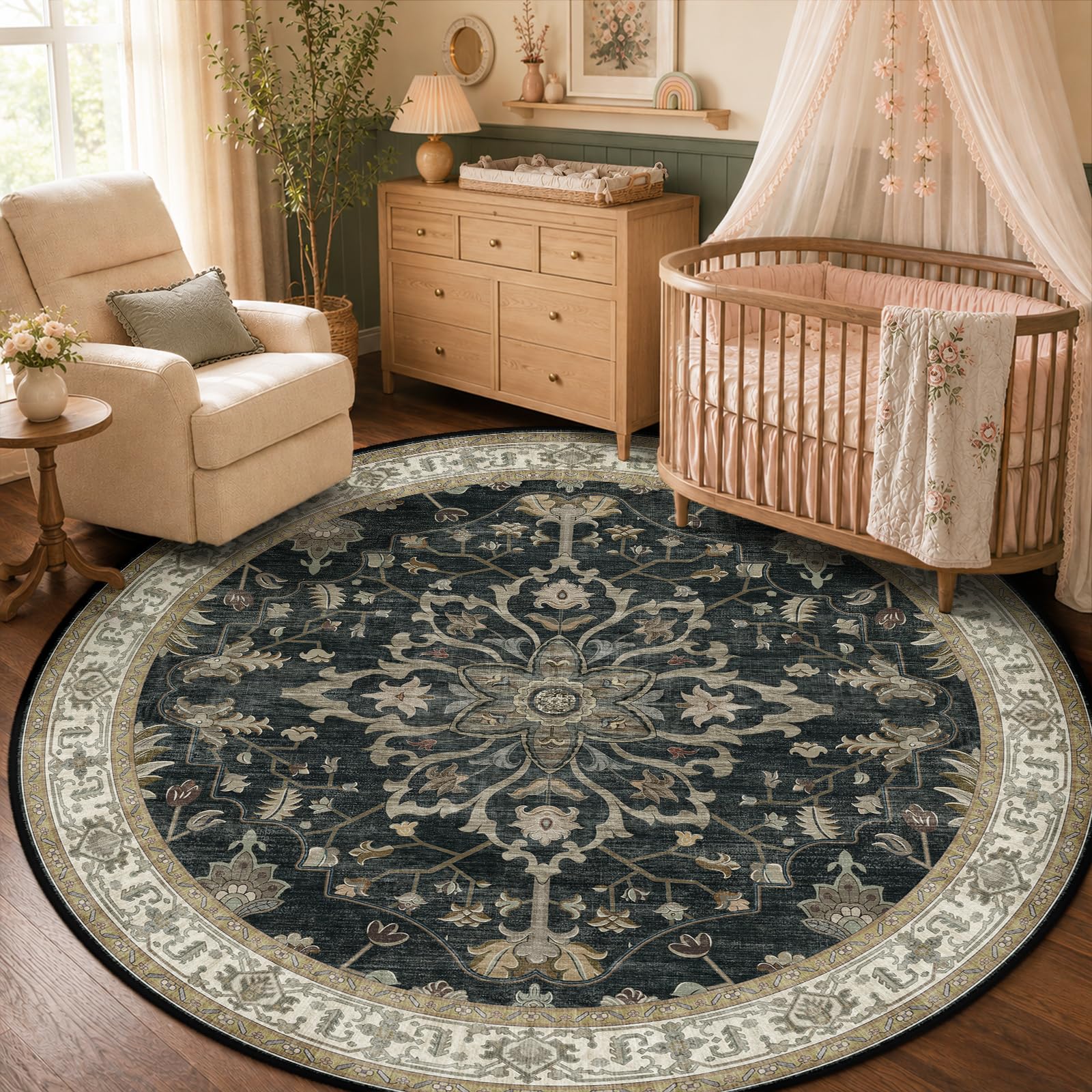 Washable Vintage Floral Area Rug