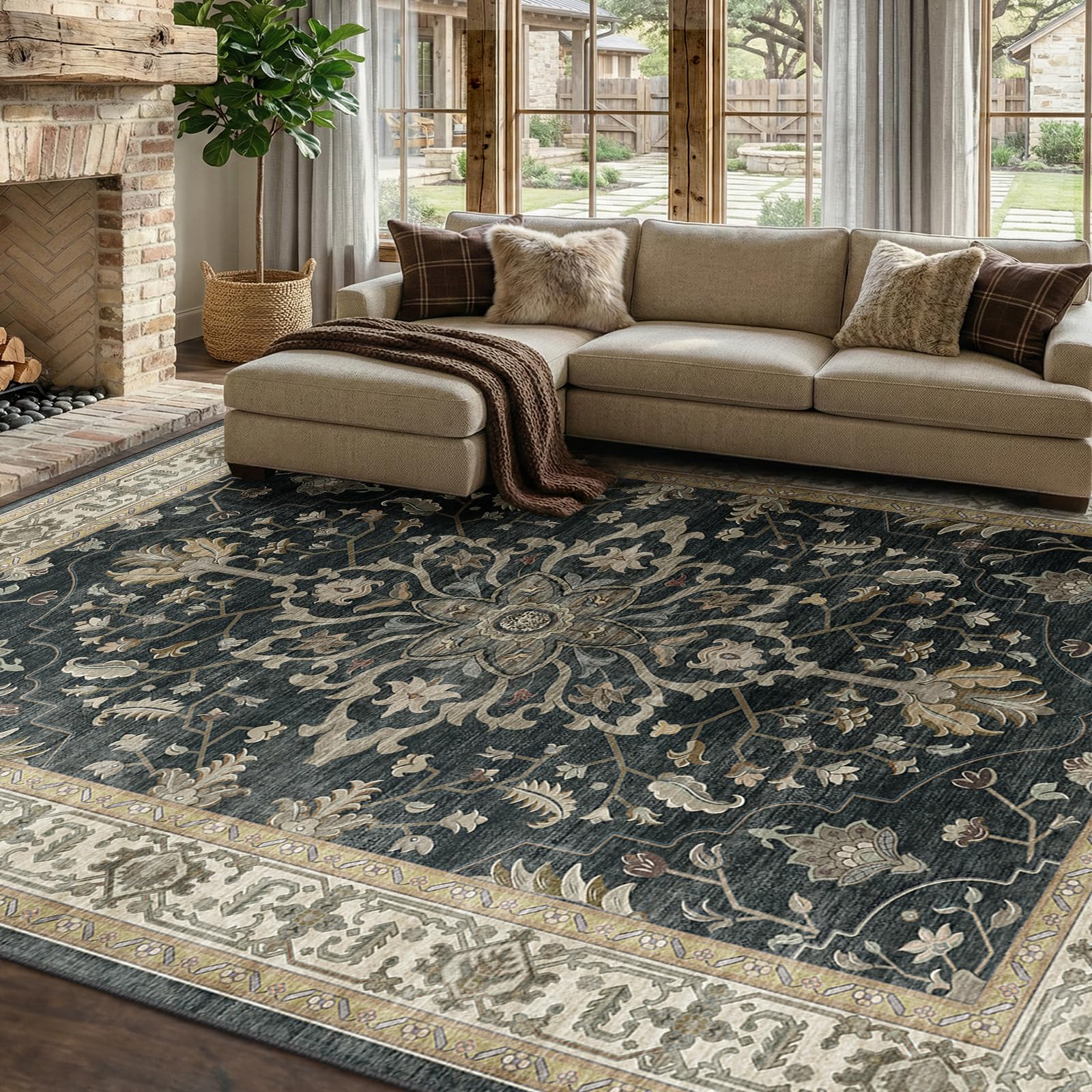 Washable Vintage Floral Area Rug