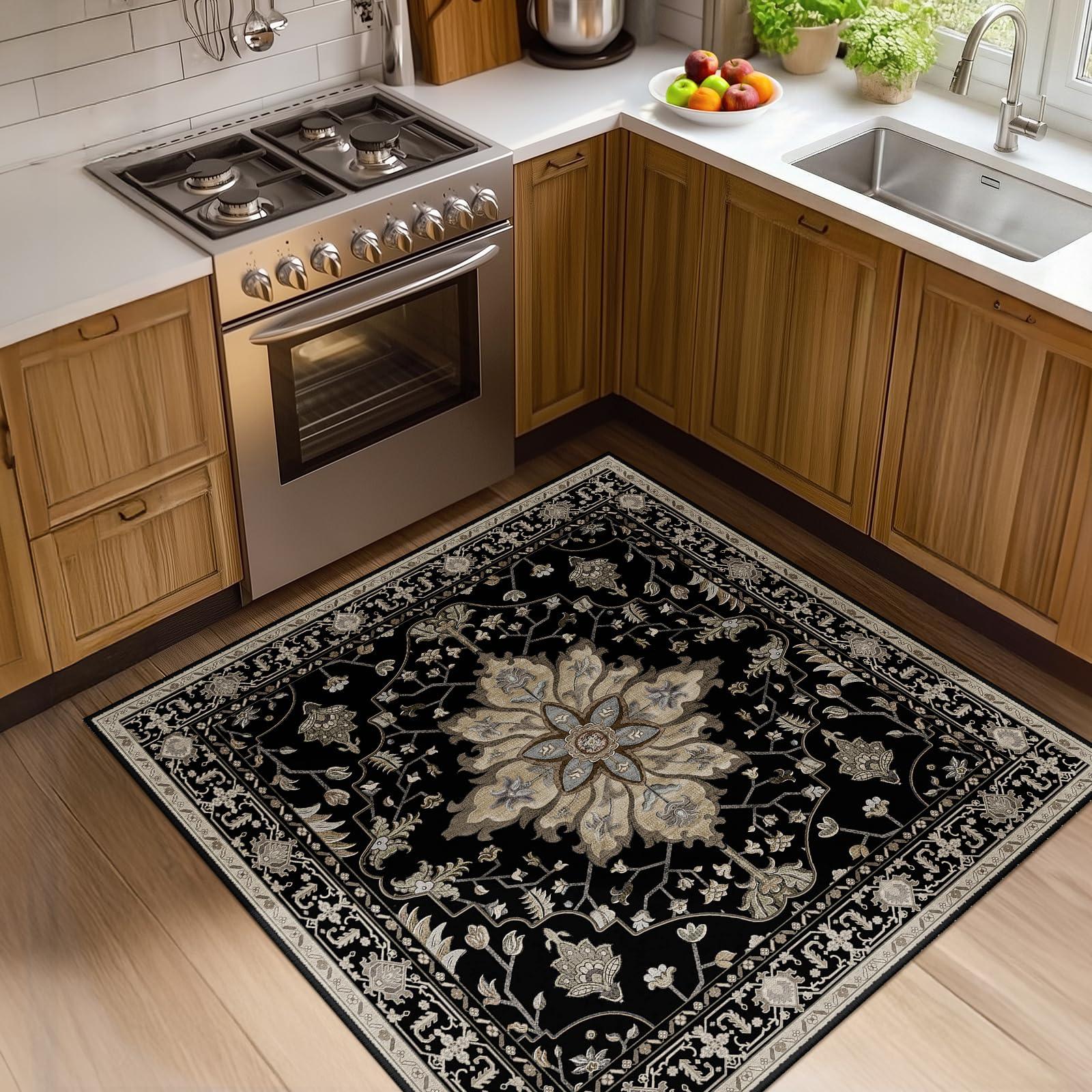 Washable Vintage Floral Area Rug