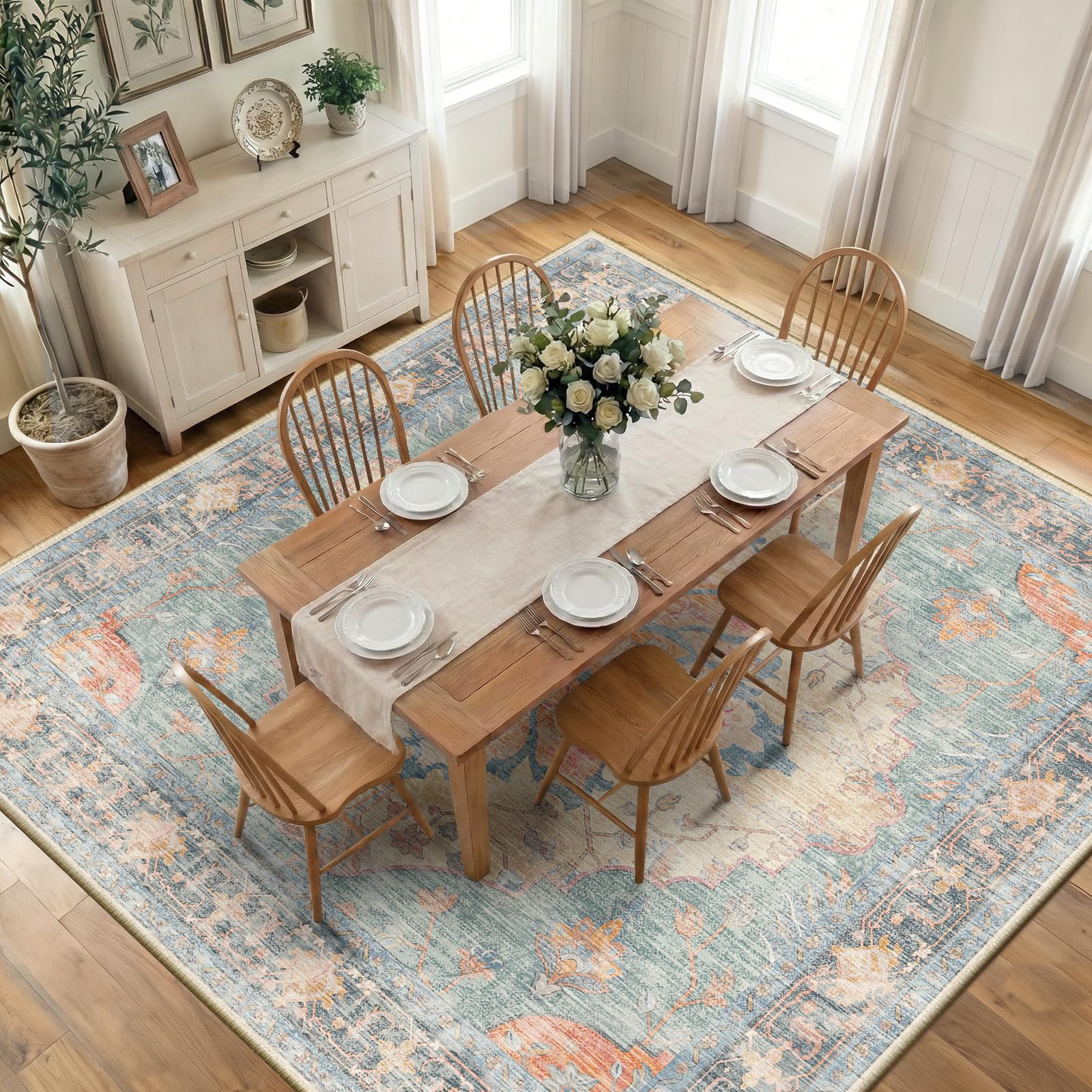Washable Vintage Floral Area Rug