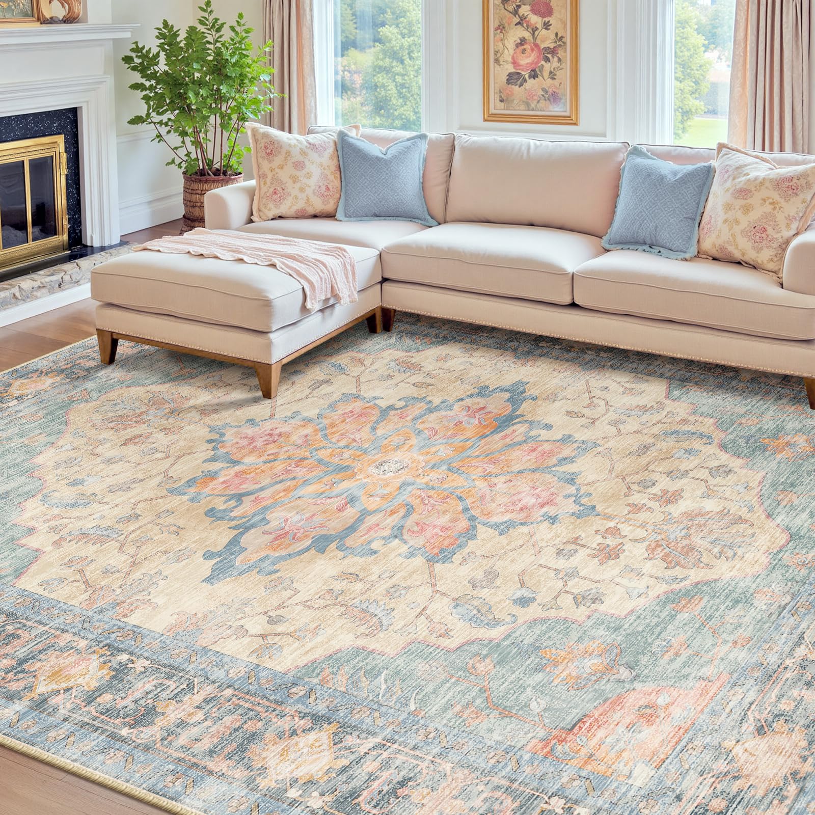Washable Vintage Floral Area Rug