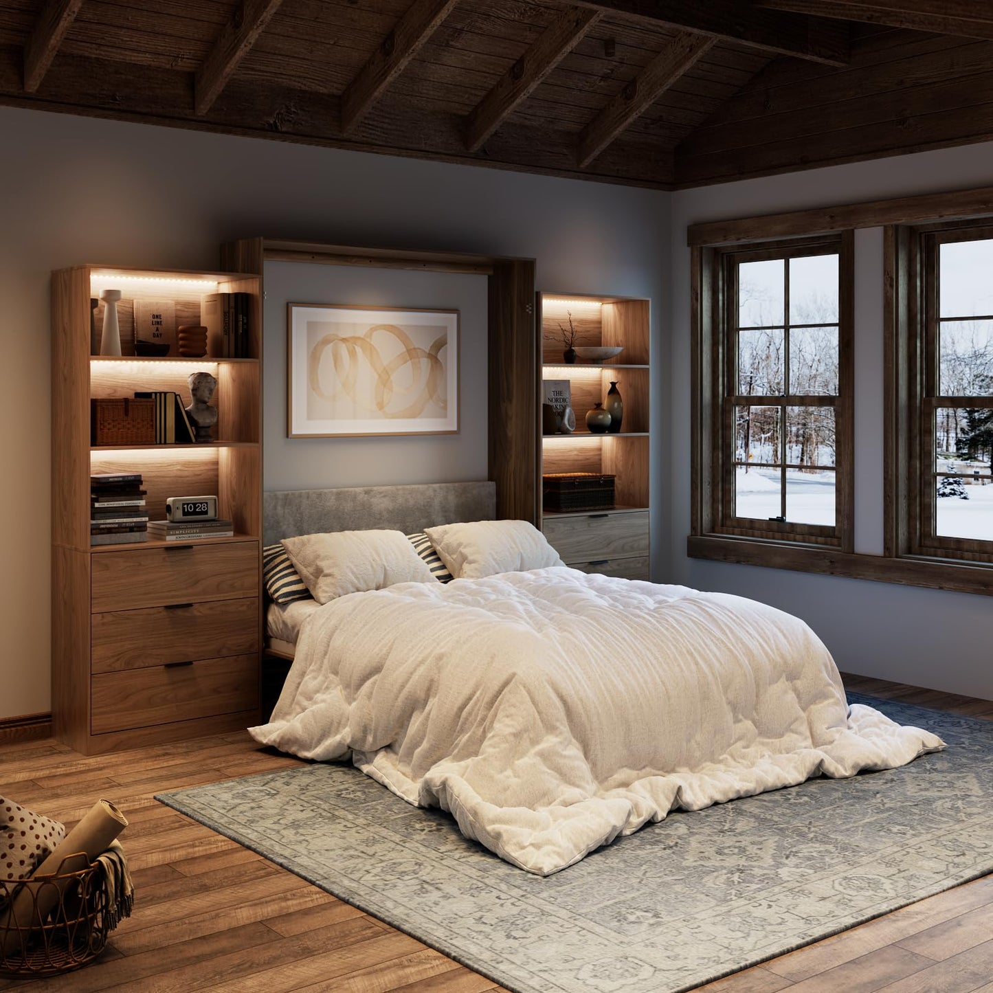 Farmhouse Queen Murphy Bed with Storage Cabinets