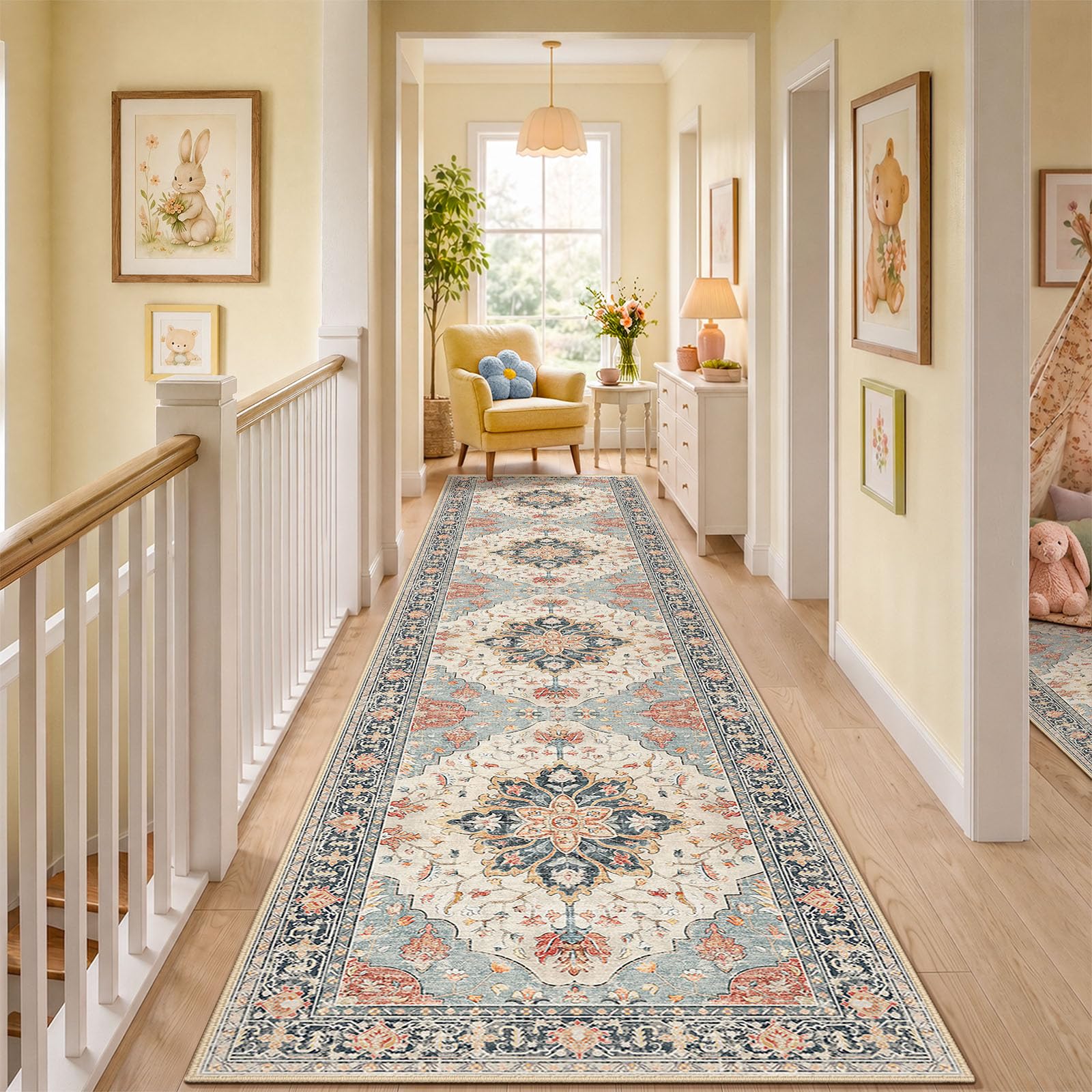 Washable Vintage Floral Area Rug