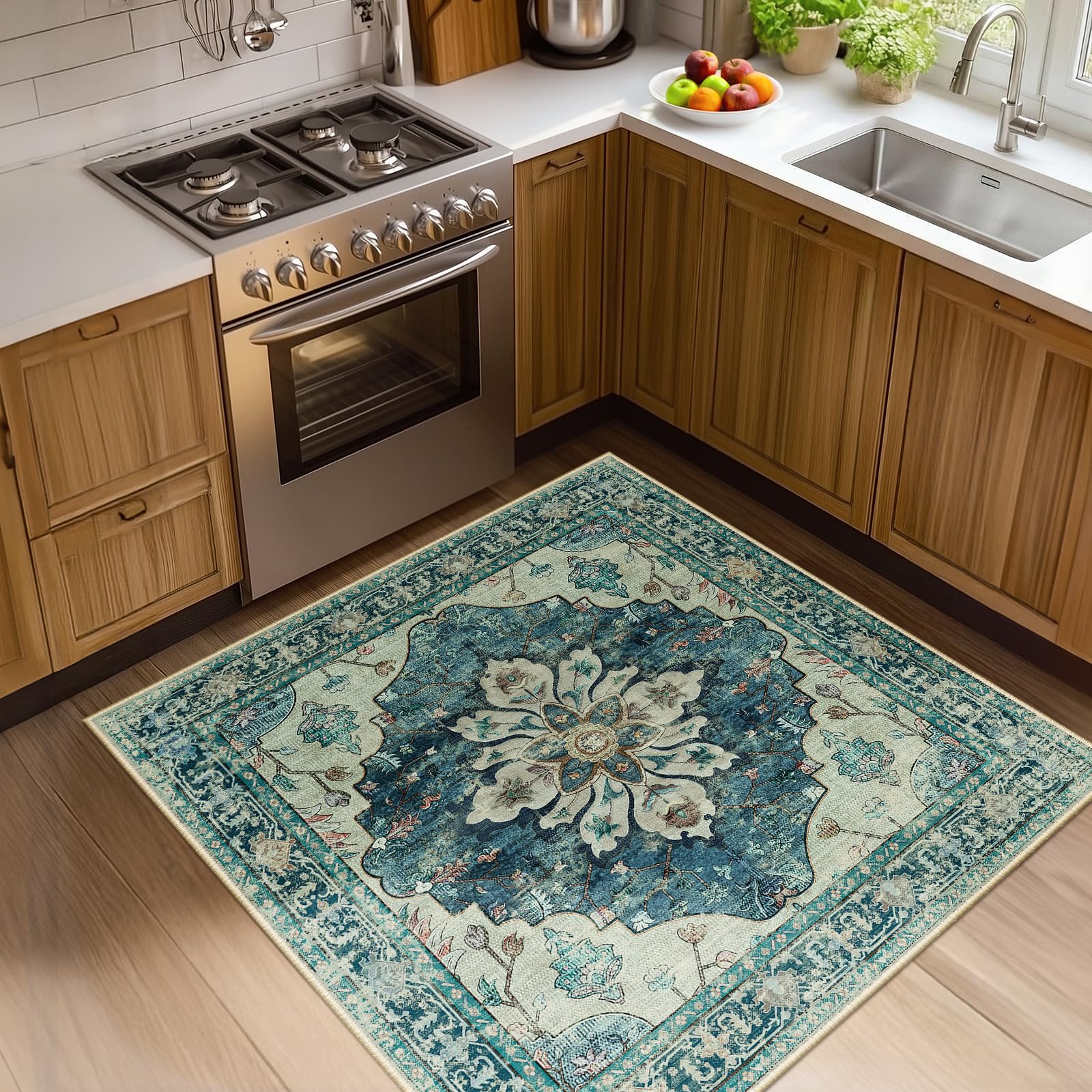 Washable Vintage Floral Area Rug
