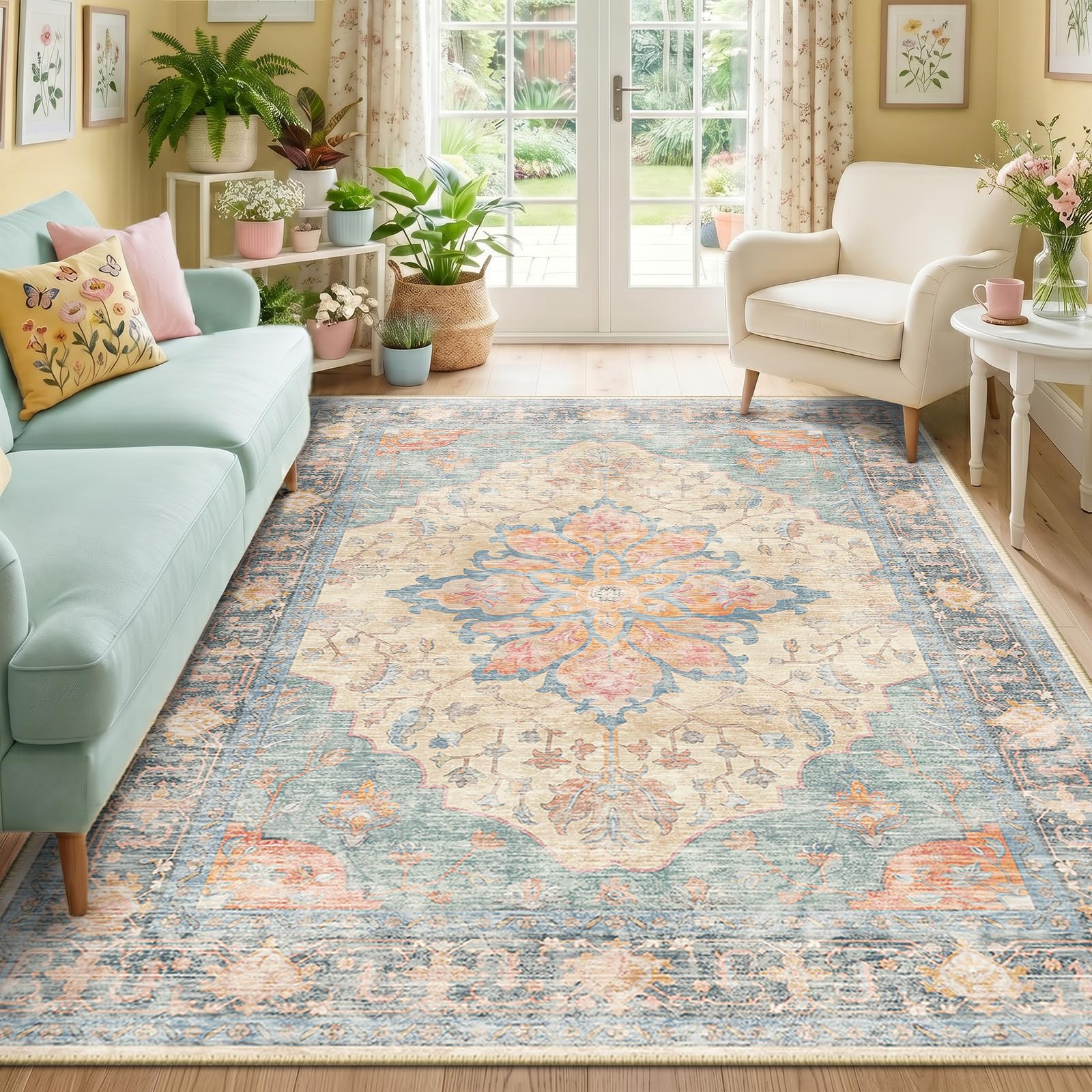 Washable Vintage Floral Area Rug