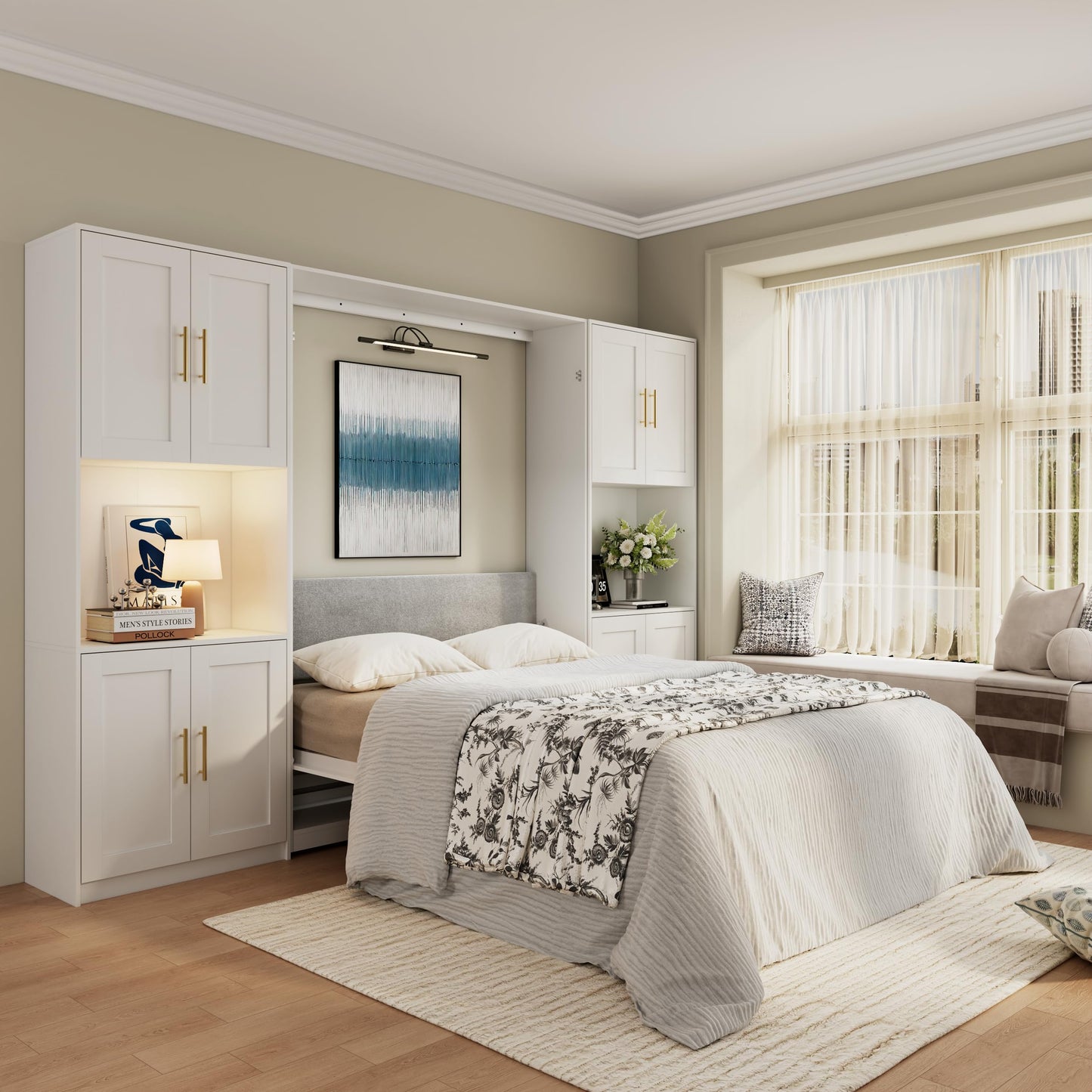 Farmhouse Queen Murphy Bed with Storage Cabinets