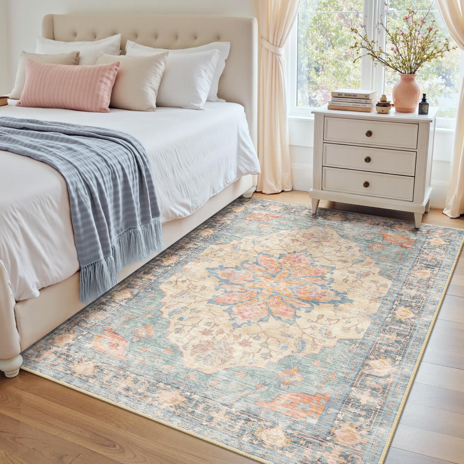 Washable Vintage Floral Area Rug
