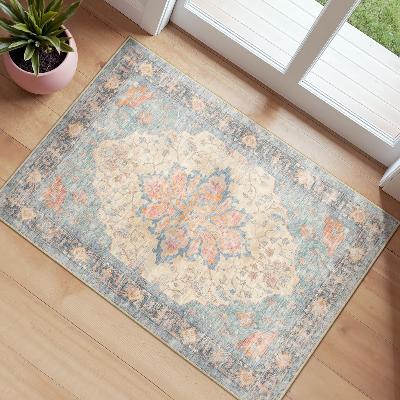 Washable Vintage Floral Area Rug