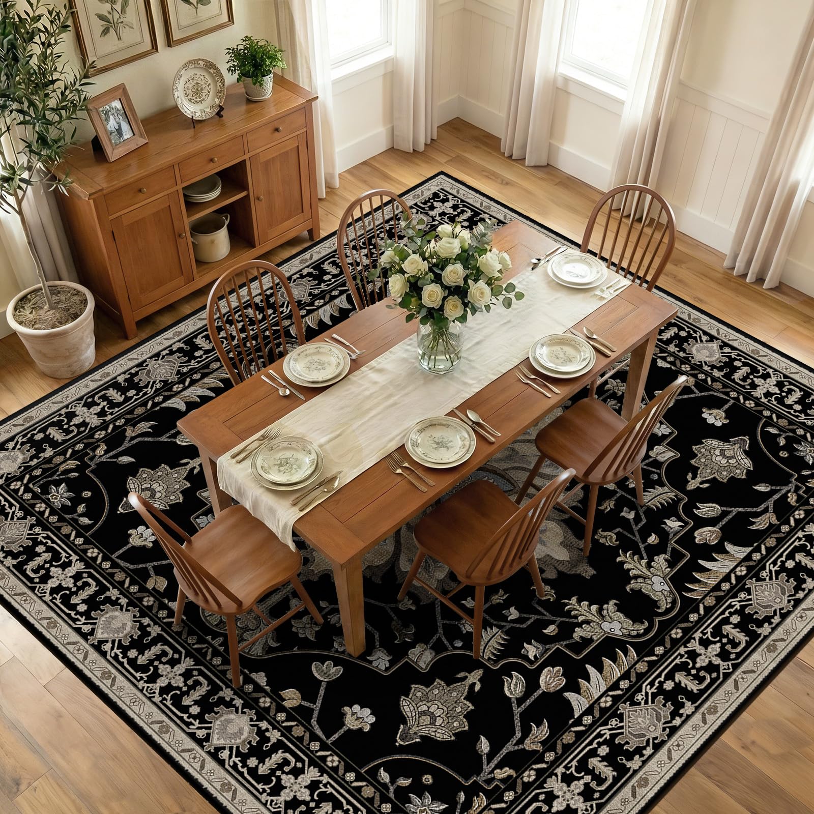 Washable Vintage Floral Area Rug
