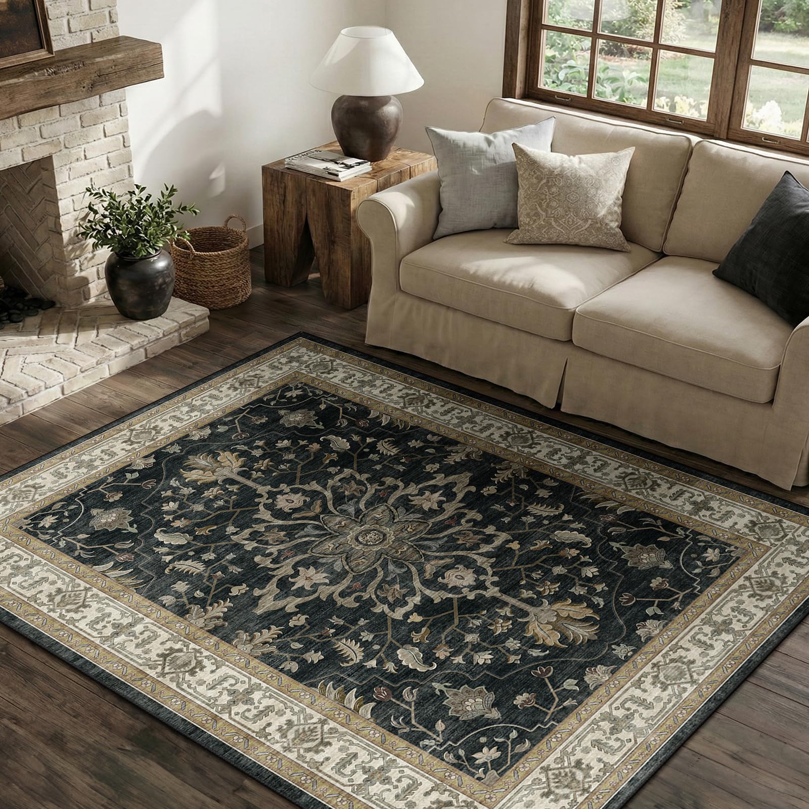 Washable Vintage Floral Area Rug