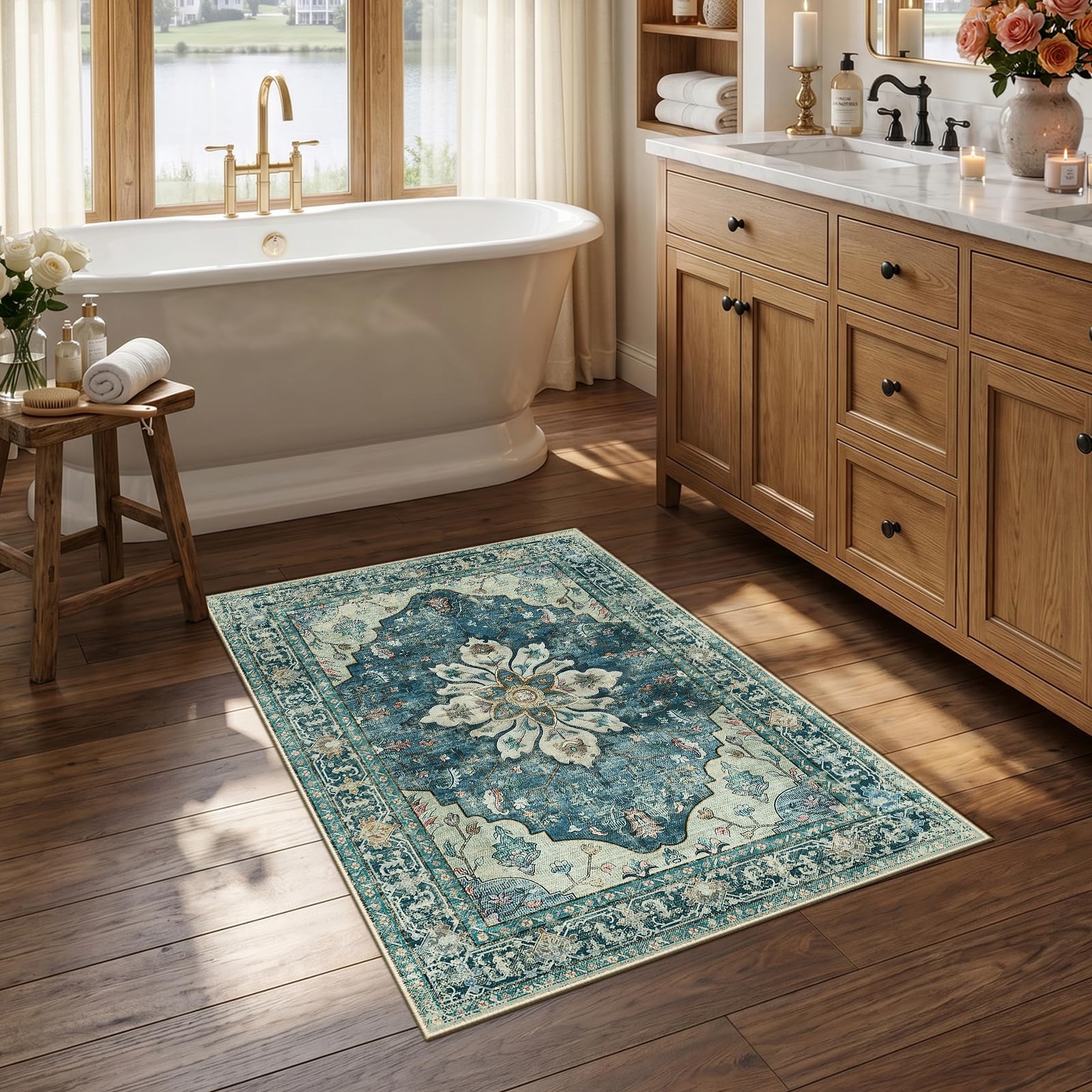 Washable Vintage Floral Area Rug