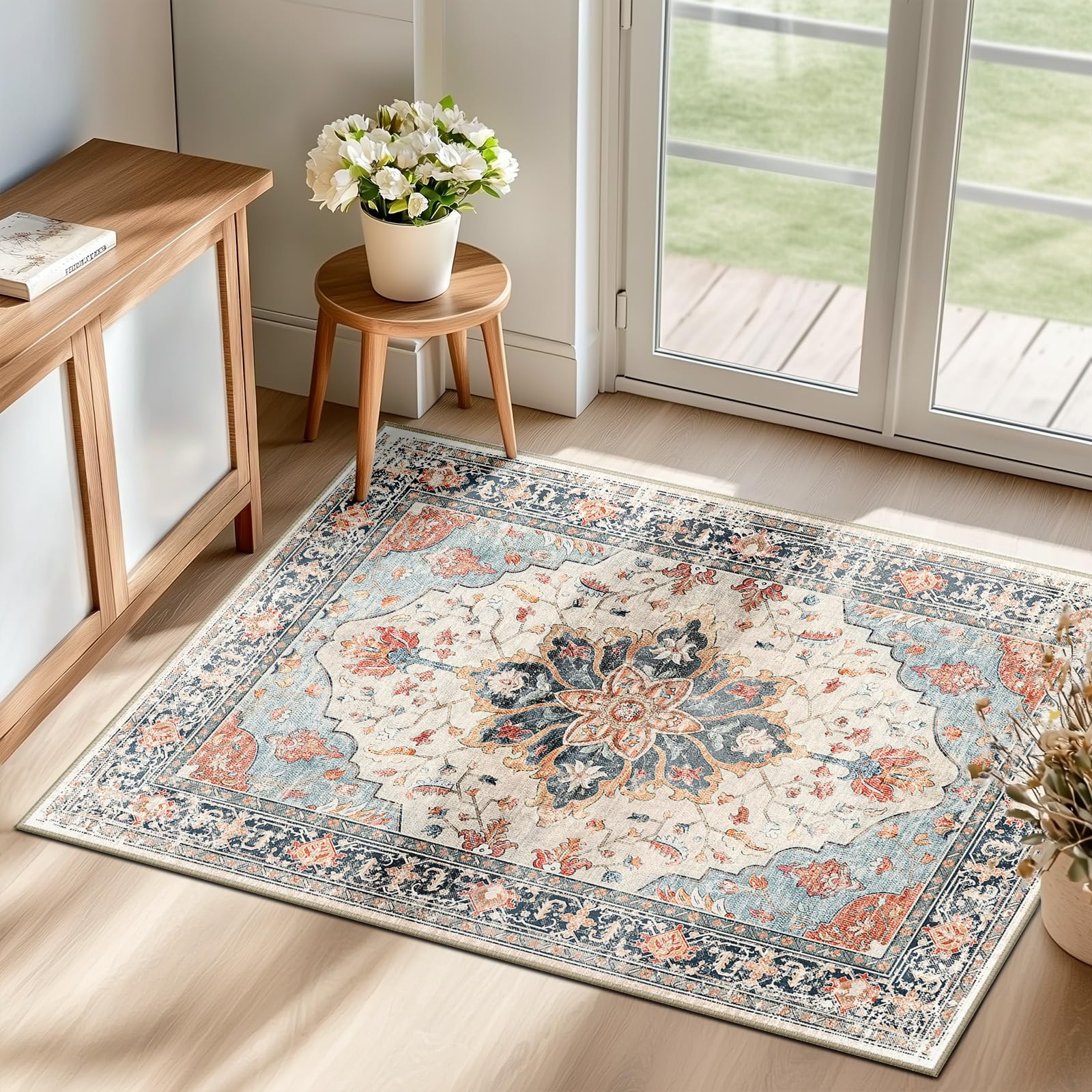 Washable Vintage Floral Area Rug