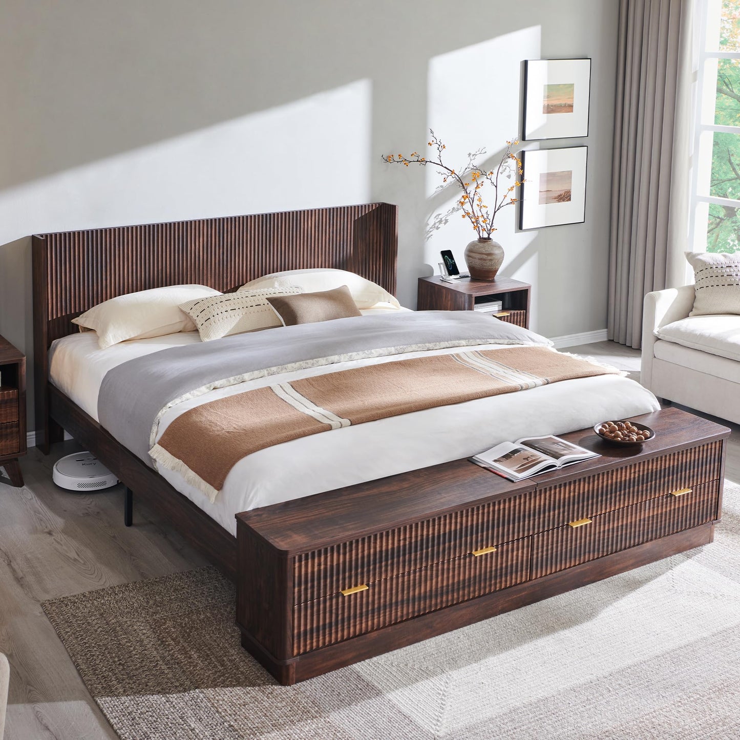 Fluted Storage Bed Frame with Wingback Headboard