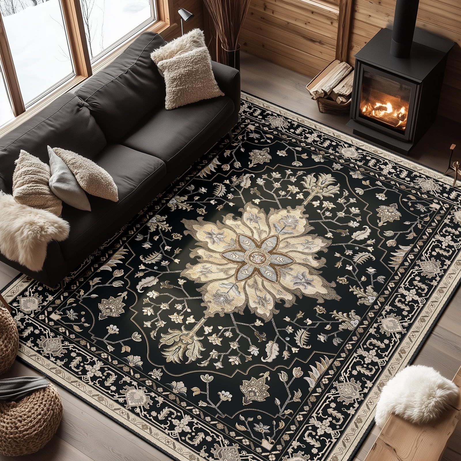 Washable Vintage Floral Area Rug