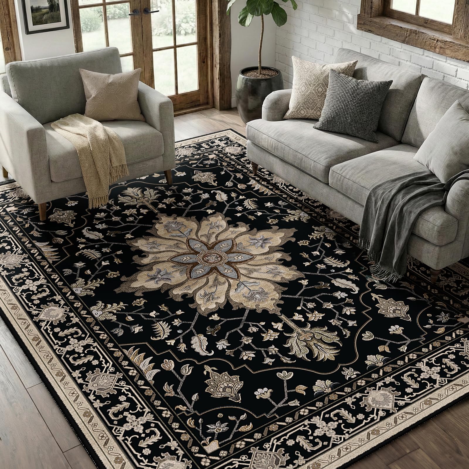 Washable Vintage Floral Area Rug