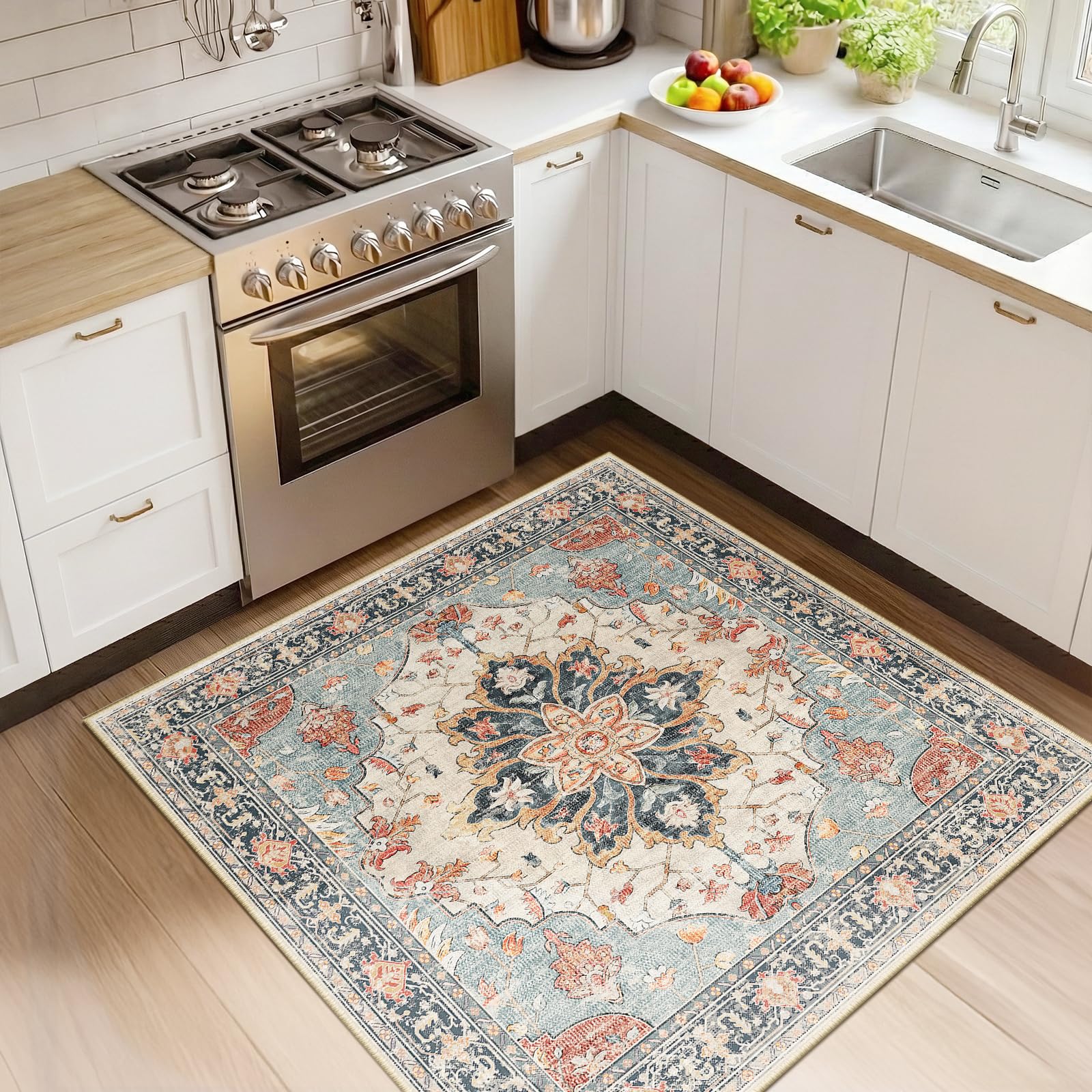 Washable Vintage Floral Area Rug