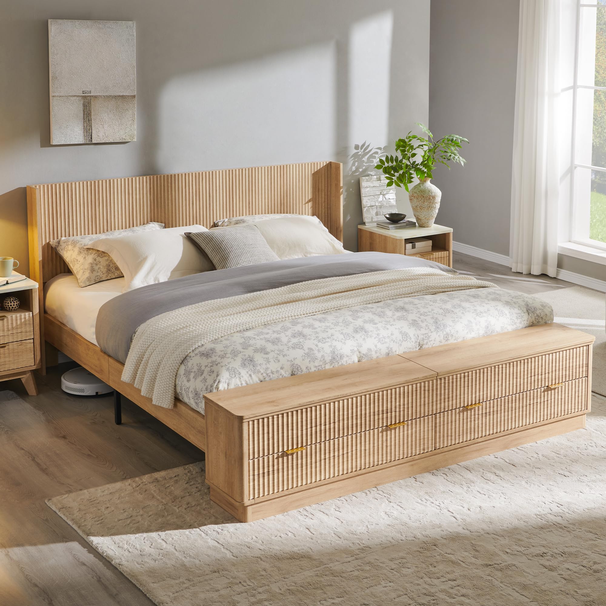 Fluted Storage Bed Frame with Wingback Headboard