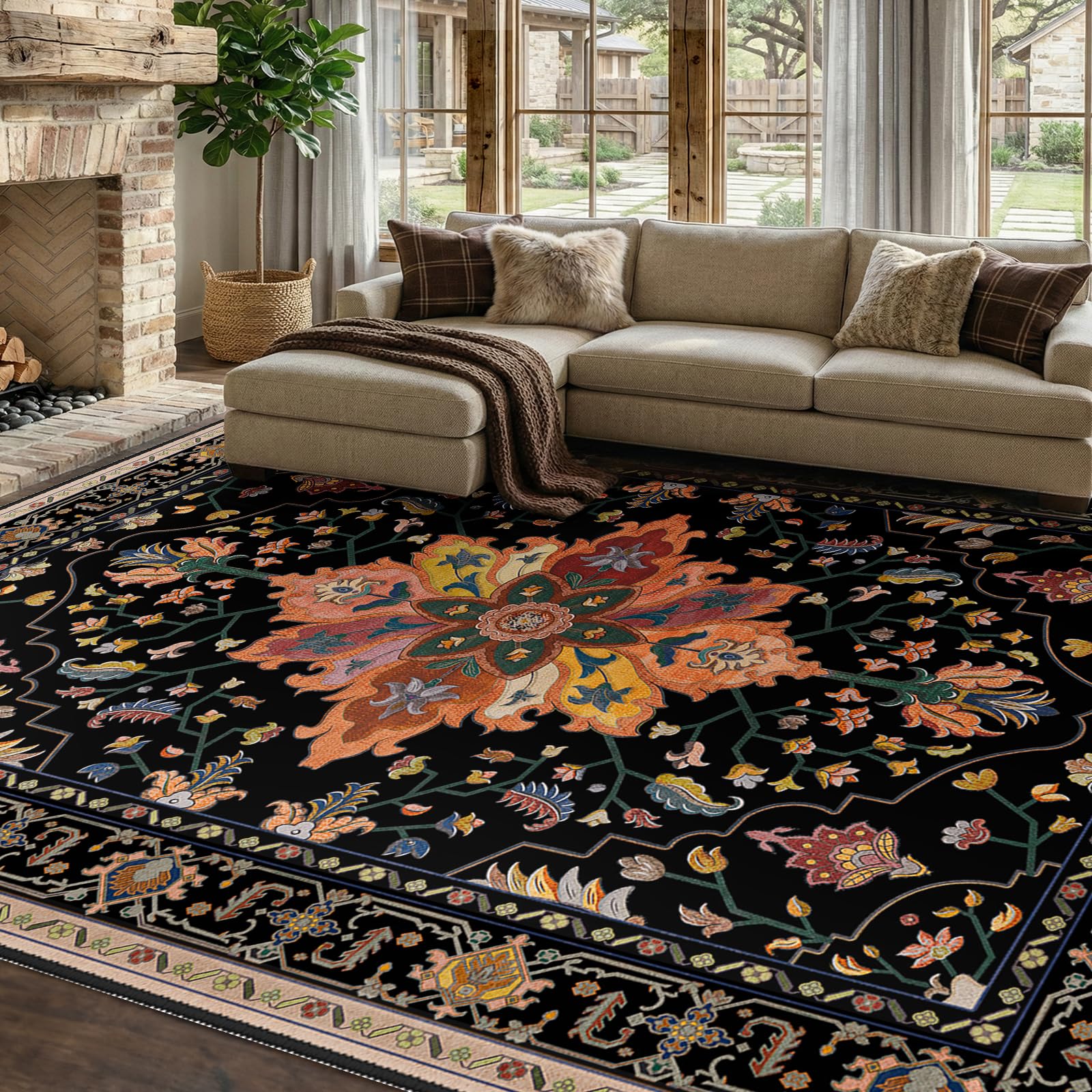 Washable Vintage Floral Area Rug