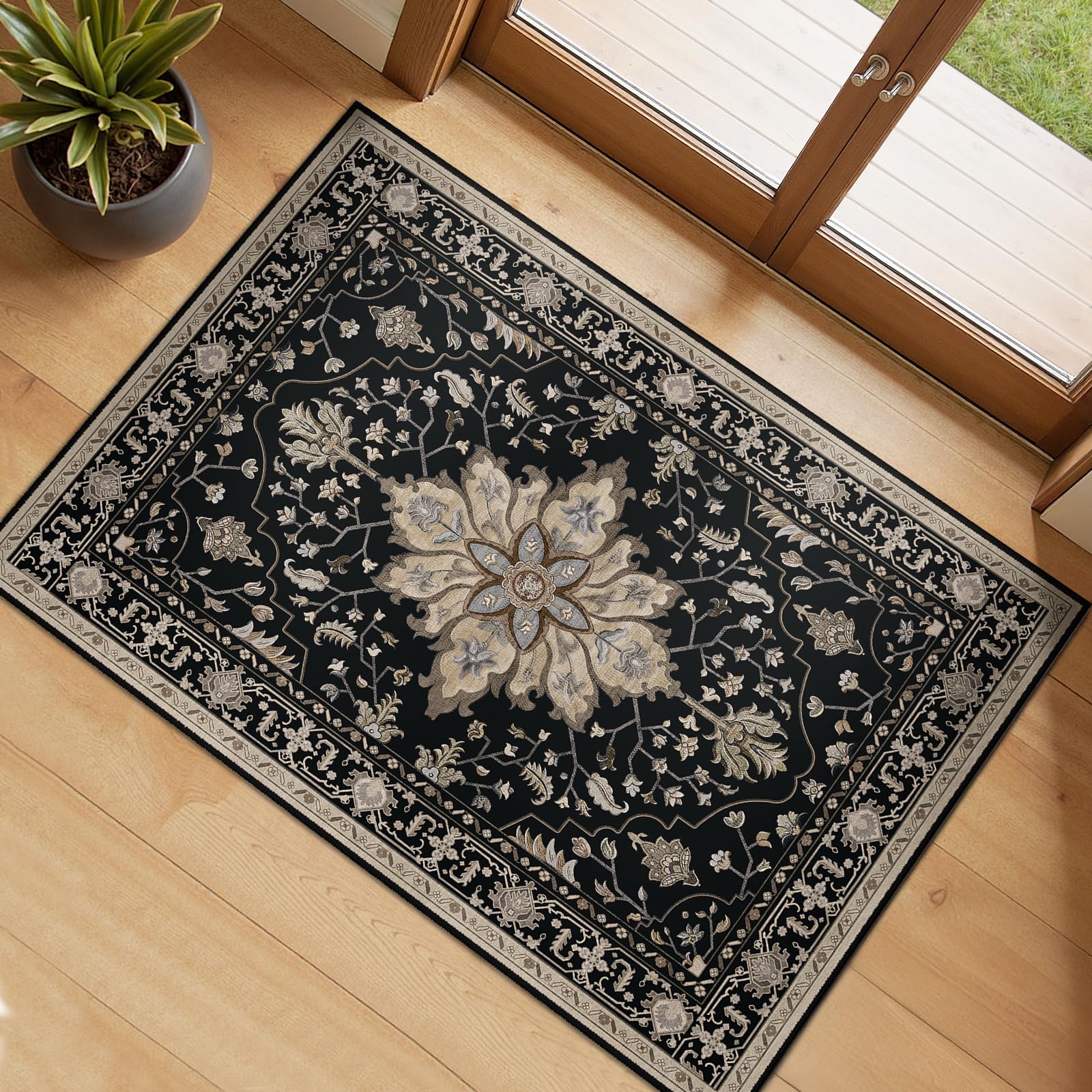 Washable Vintage Floral Area Rug