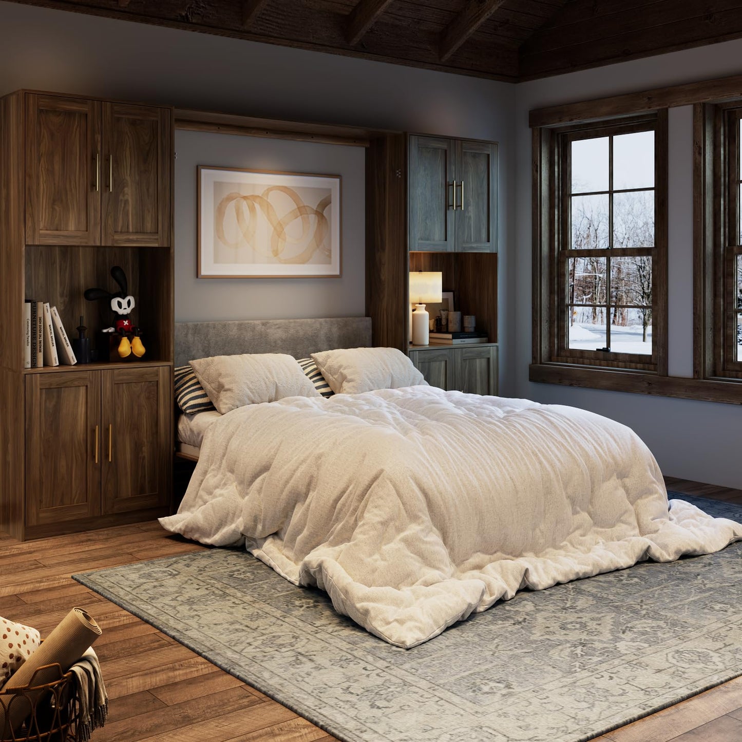 Farmhouse Queen Murphy Bed with Storage Cabinets