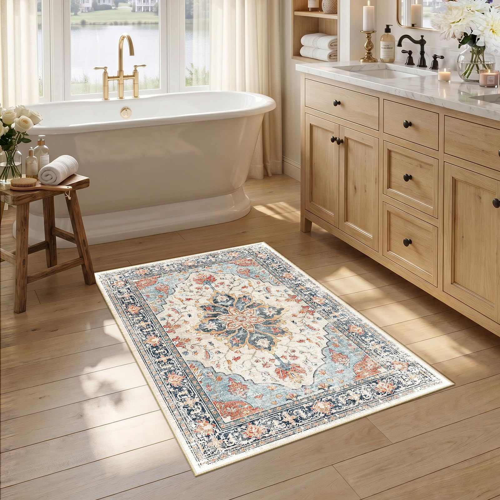 Washable Vintage Floral Area Rug