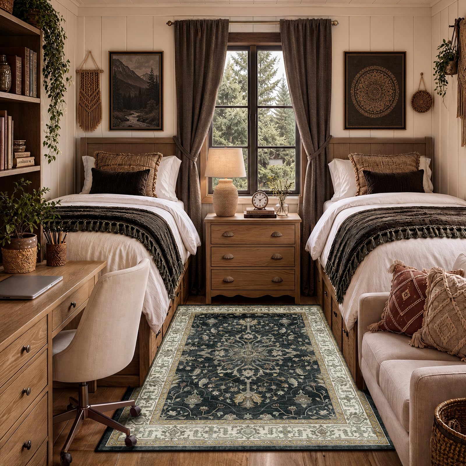 Washable Vintage Floral Area Rug