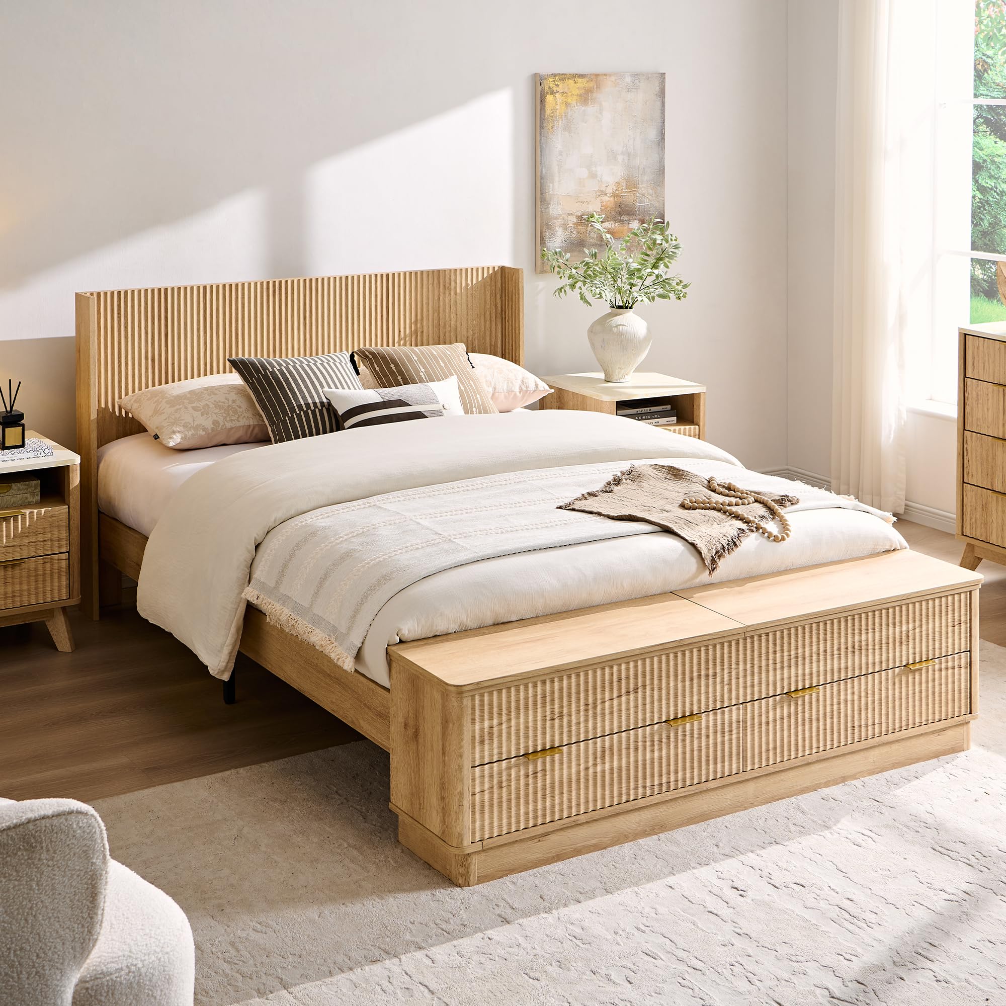 Fluted Storage Bed Frame with Wingback Headboard