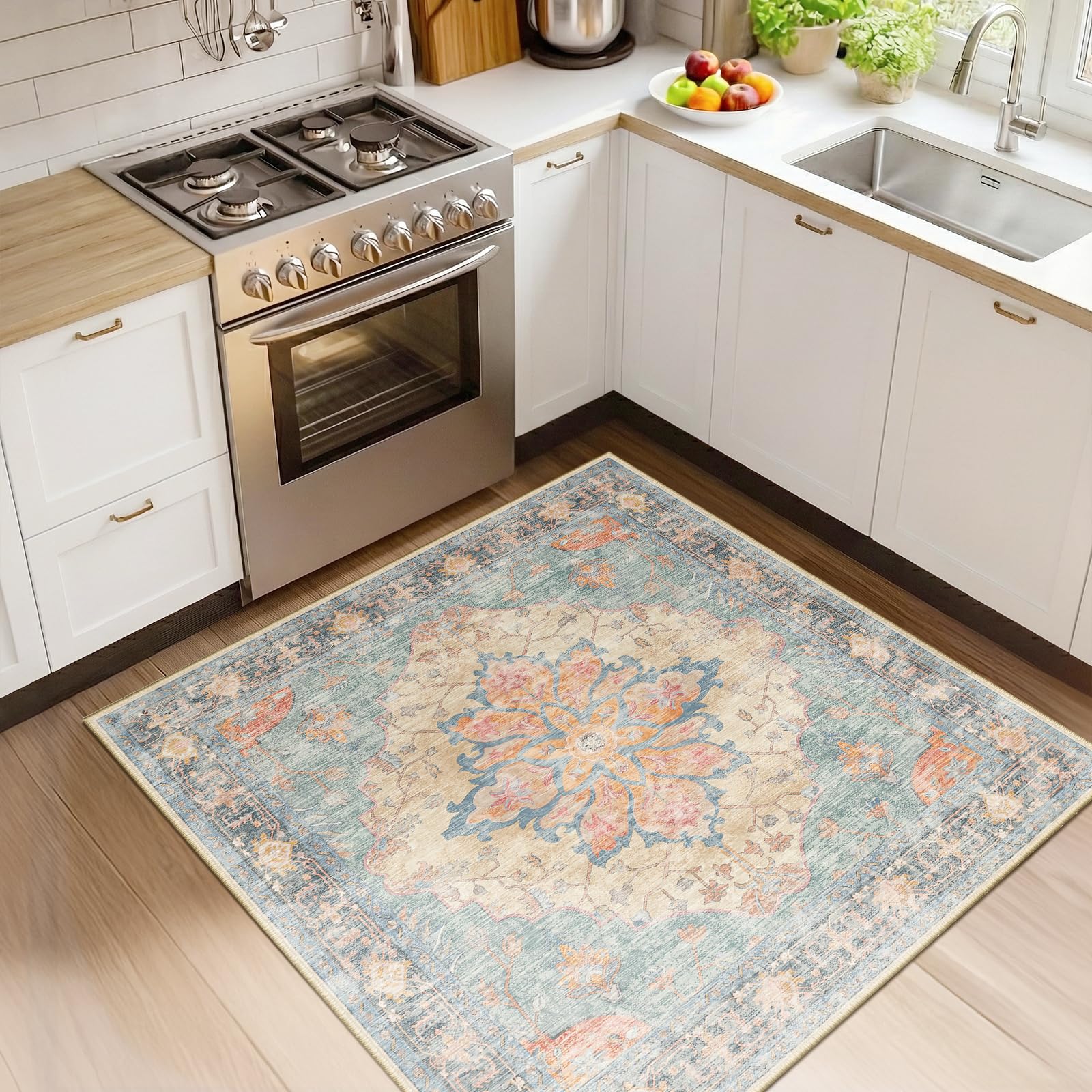 Washable Vintage Floral Area Rug