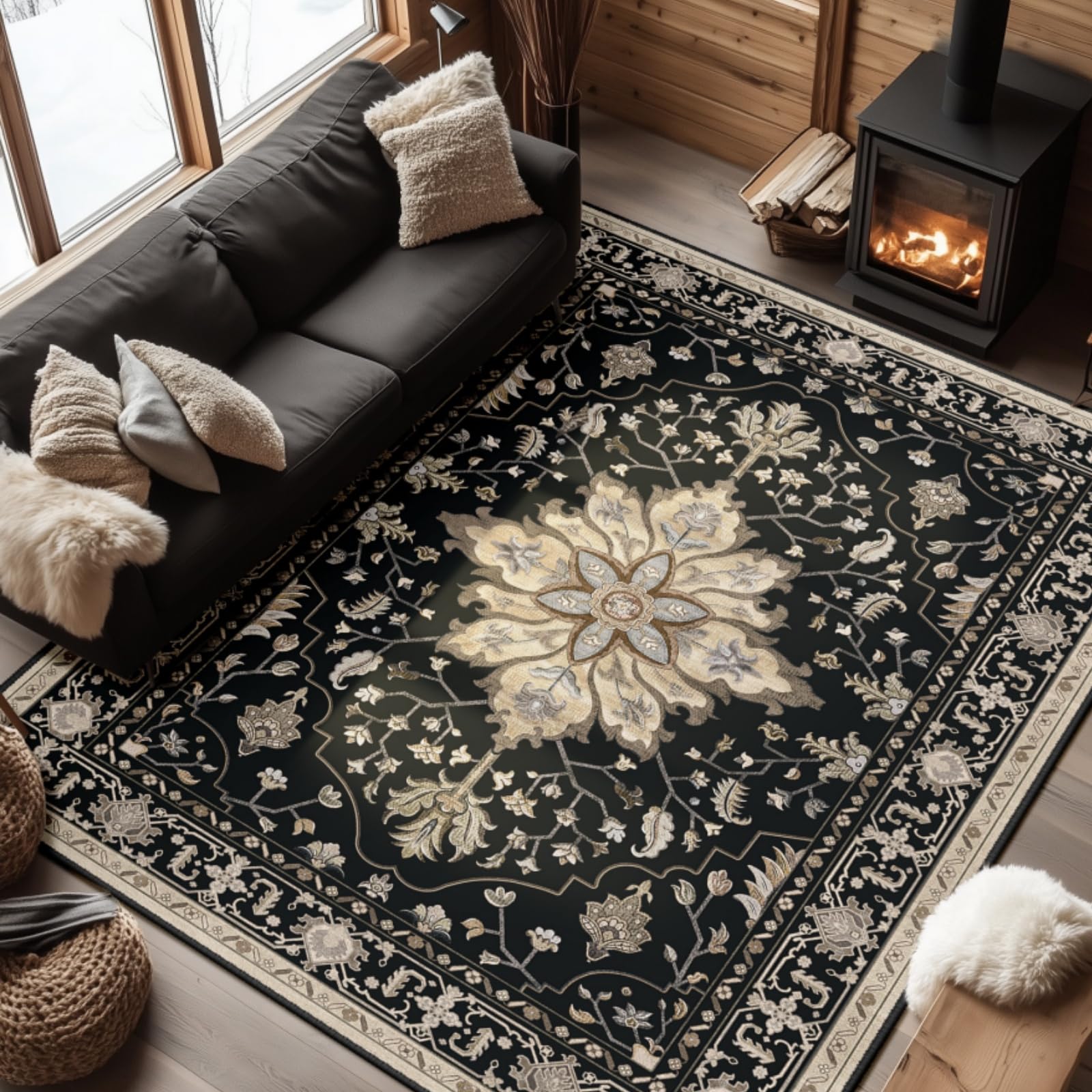 Washable Vintage Floral Area Rug