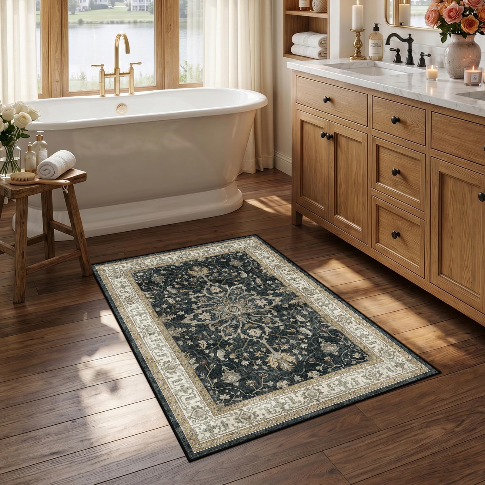 Washable Vintage Floral Area Rug