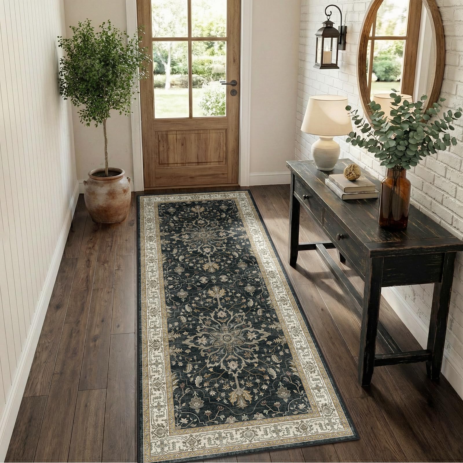 Washable Vintage Floral Area Rug