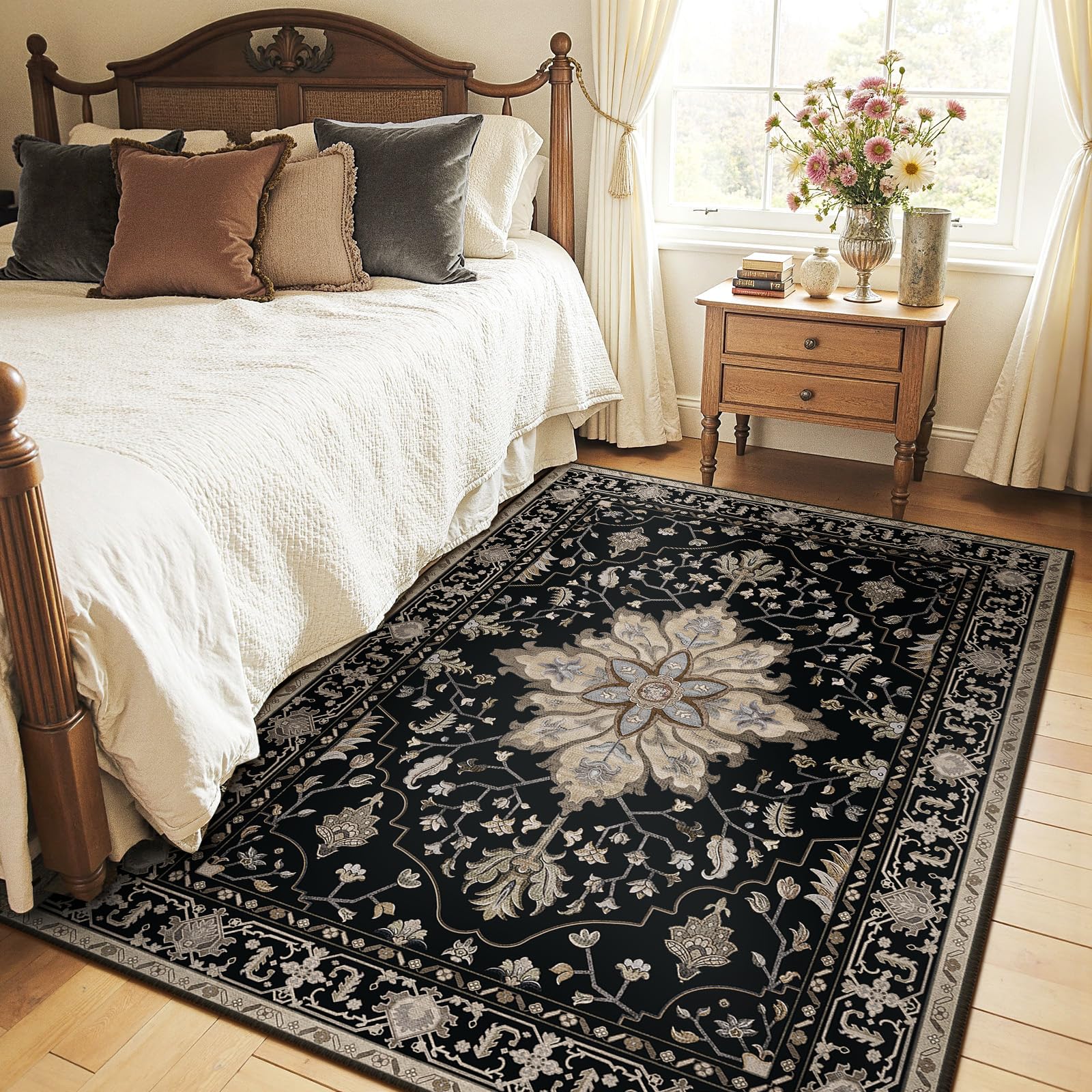Washable Vintage Floral Area Rug