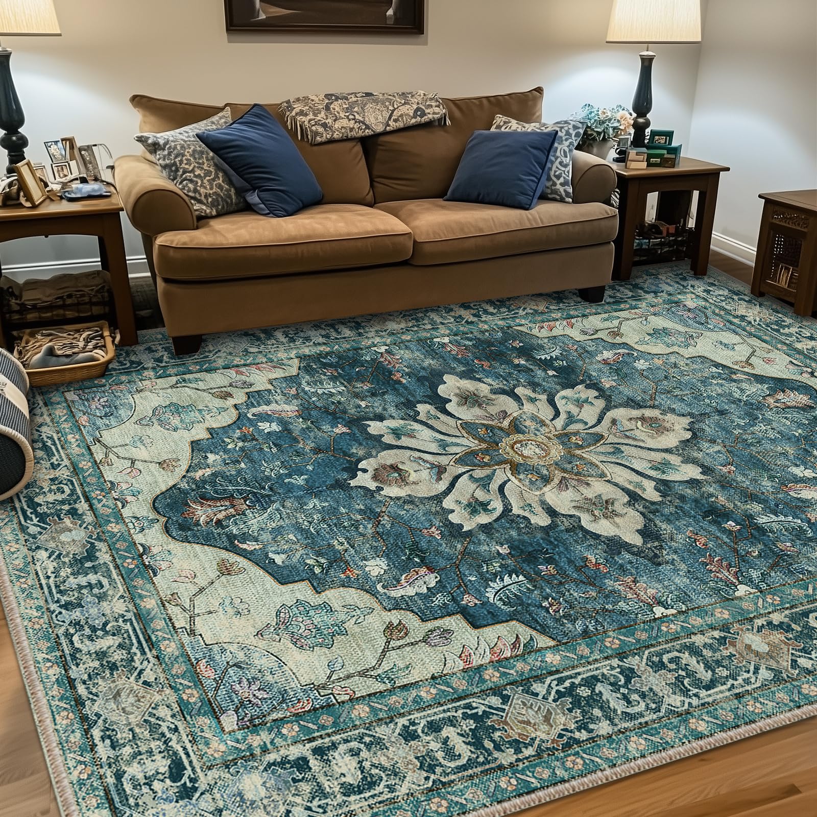 Washable Vintage Floral Area Rug