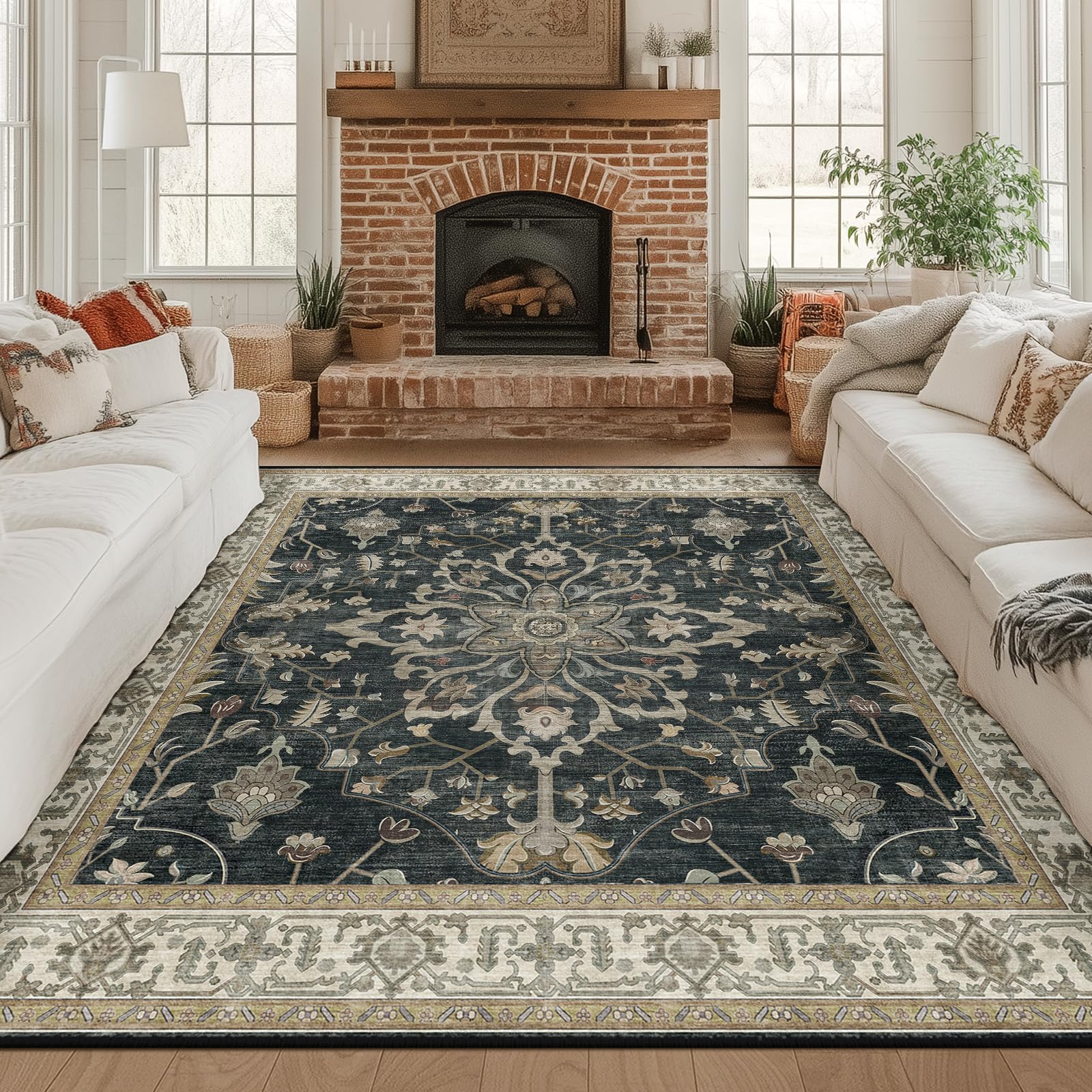 Washable Vintage Floral Area Rug