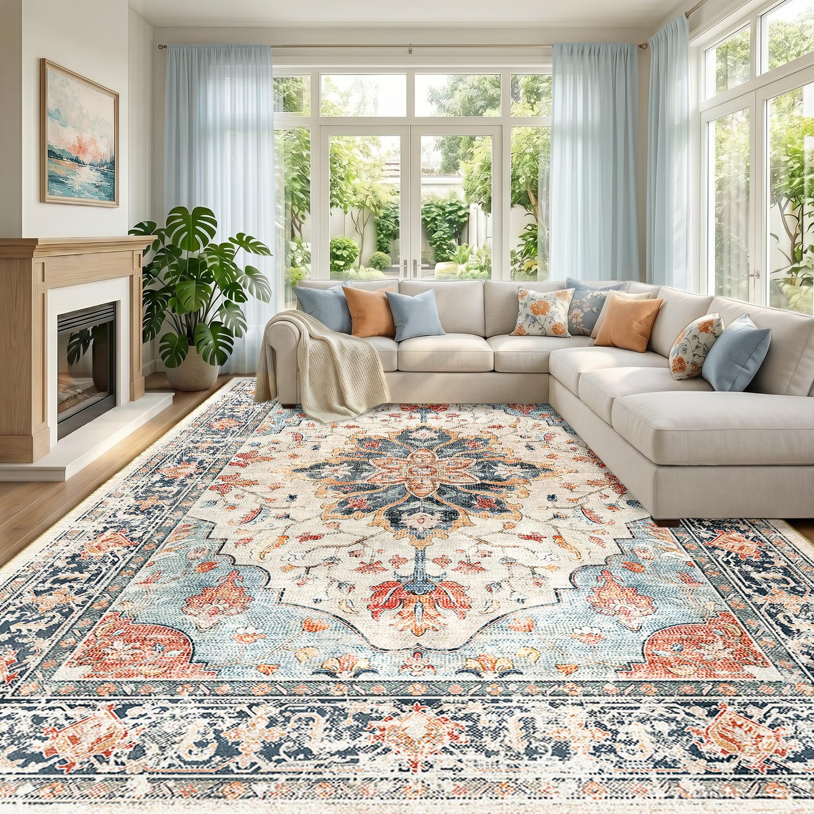 Washable Vintage Floral Area Rug