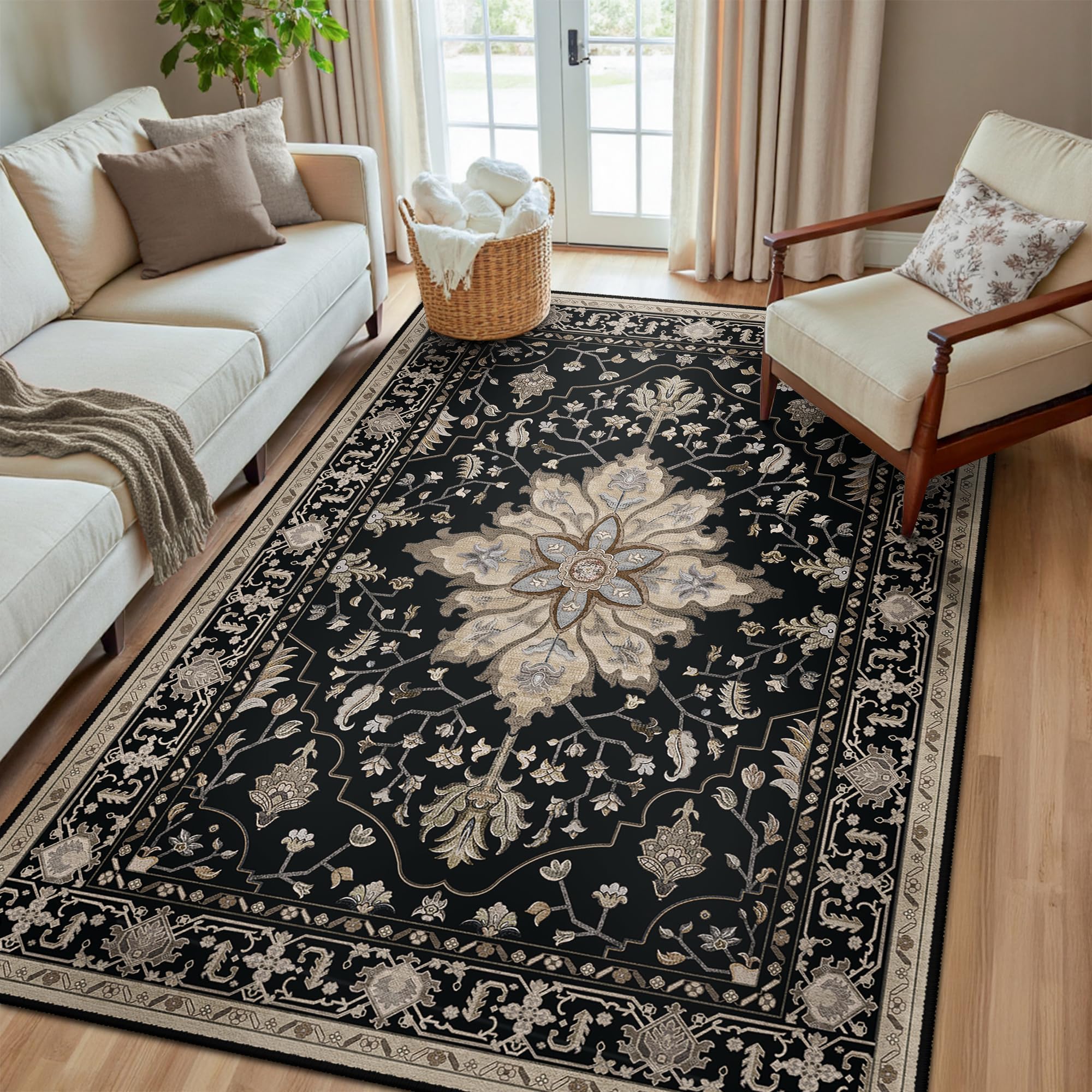 Washable Vintage Floral Area Rug
