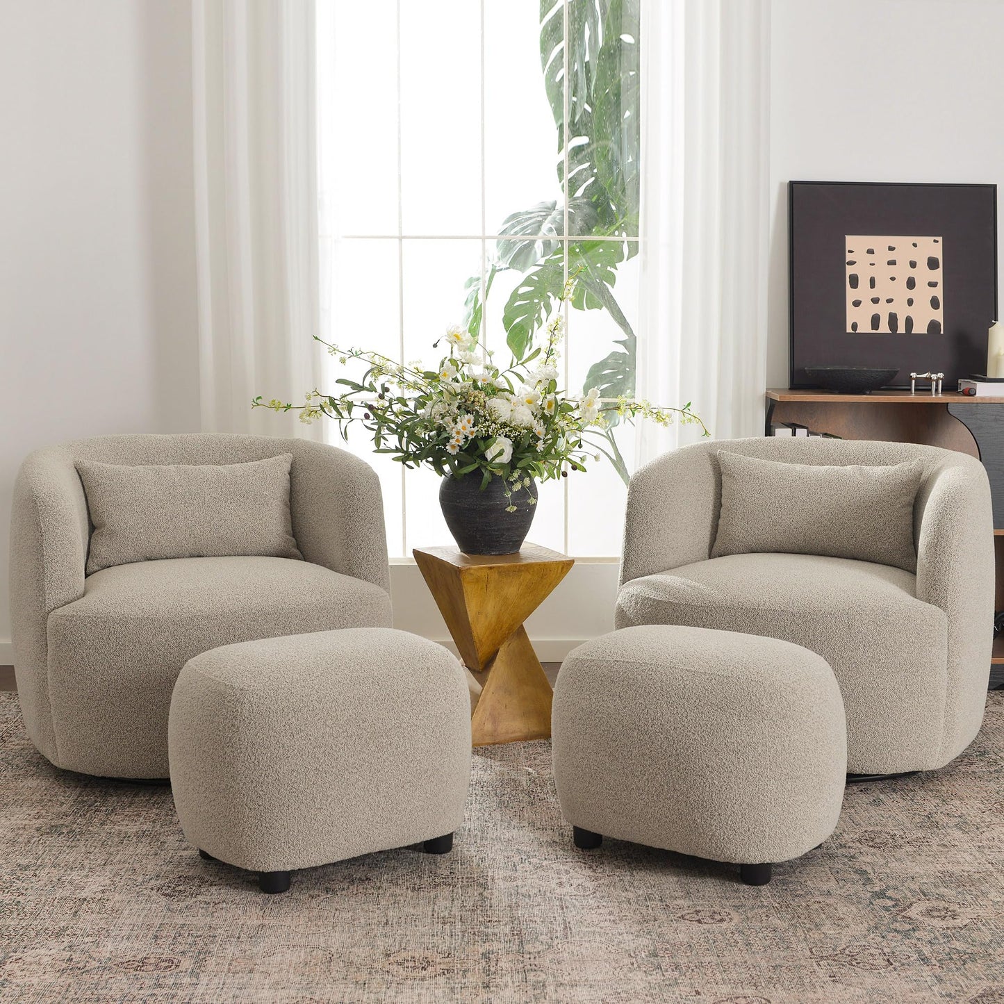Boucle Swivel Barrel Accent Chairs Set of 2