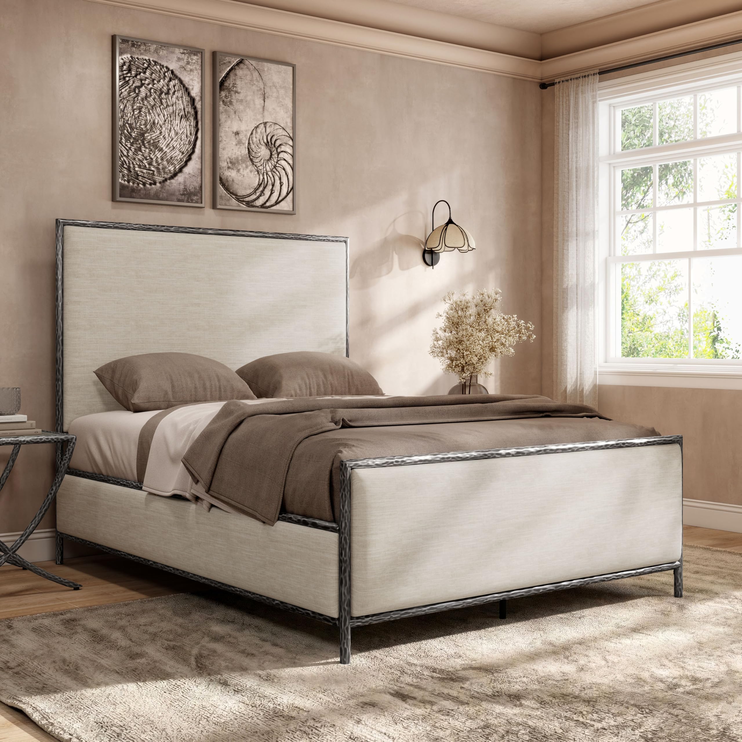 Hammered Metal Upholstered Bed with Headboard