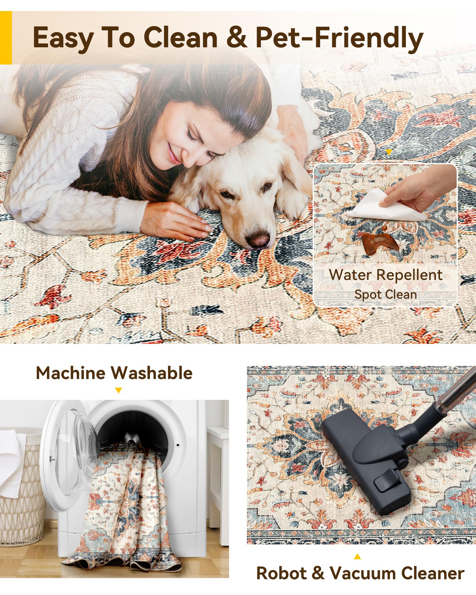 Washable Vintage Floral Area Rug