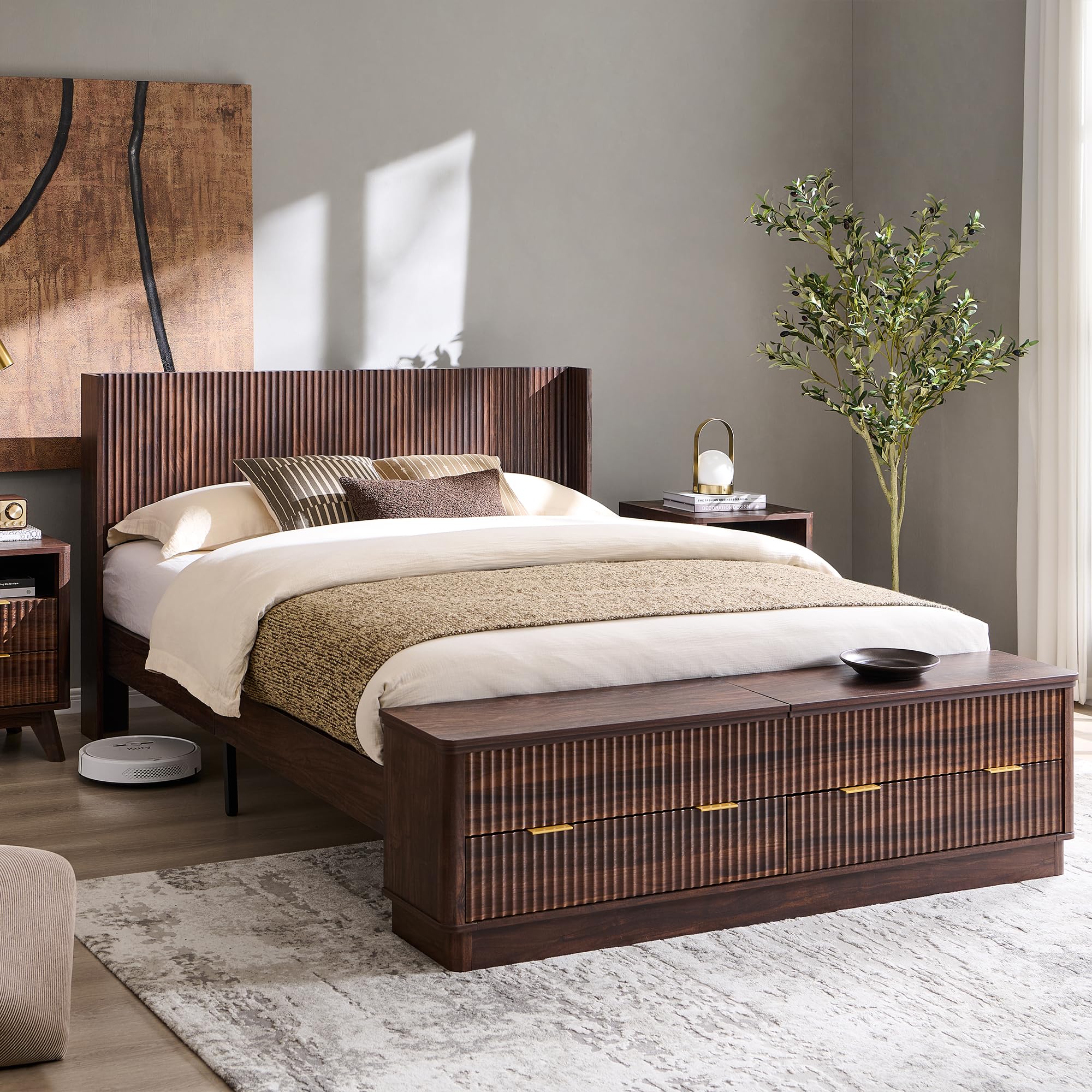 Fluted Storage Bed Frame with Wingback Headboard