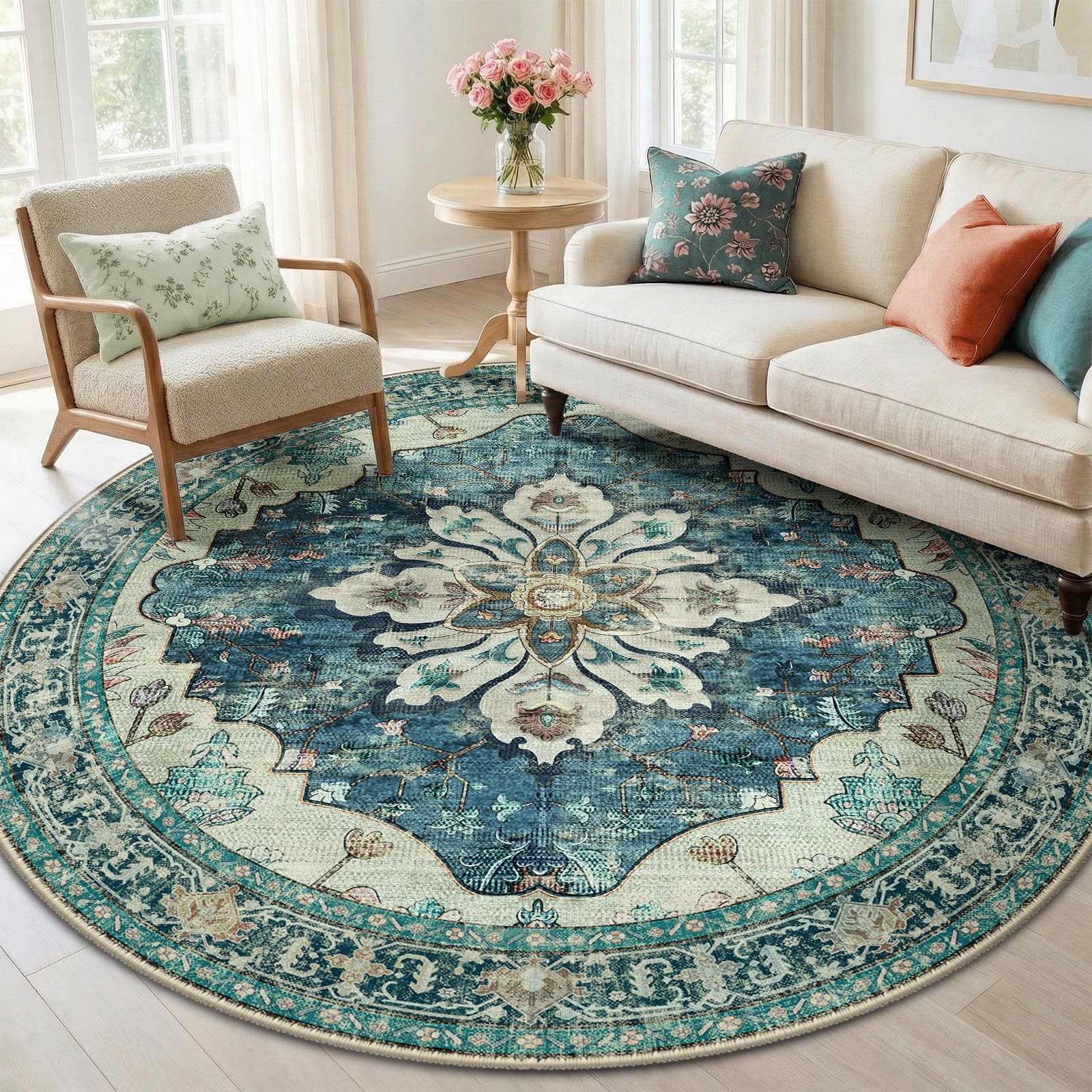 Washable Vintage Floral Area Rug
