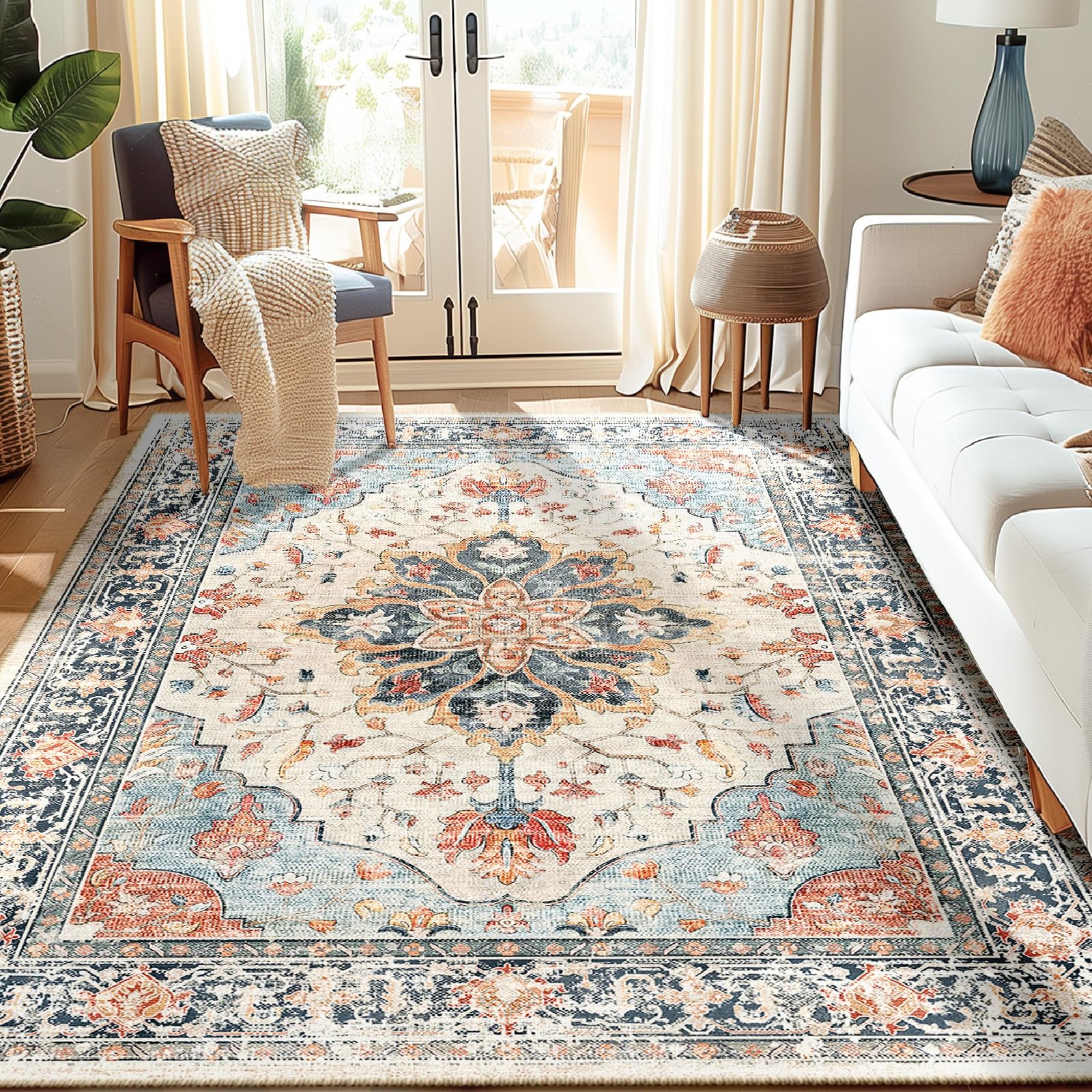Washable Vintage Floral Area Rug