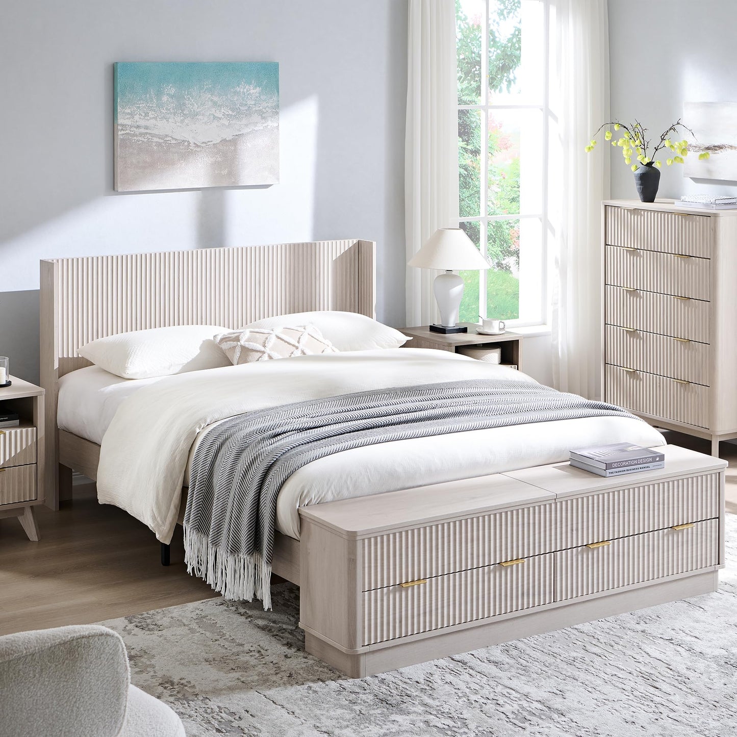 Fluted Storage Bed Frame with Wingback Headboard
