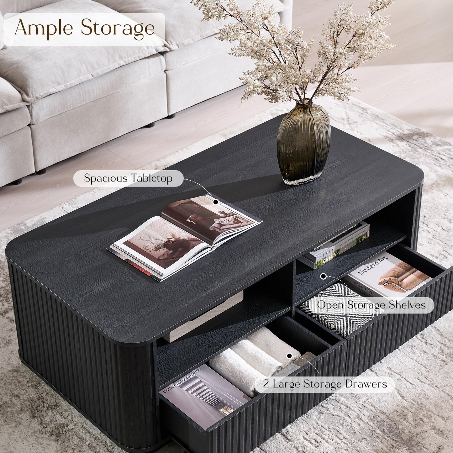 Fluted Storage Coffee Table with Drawers