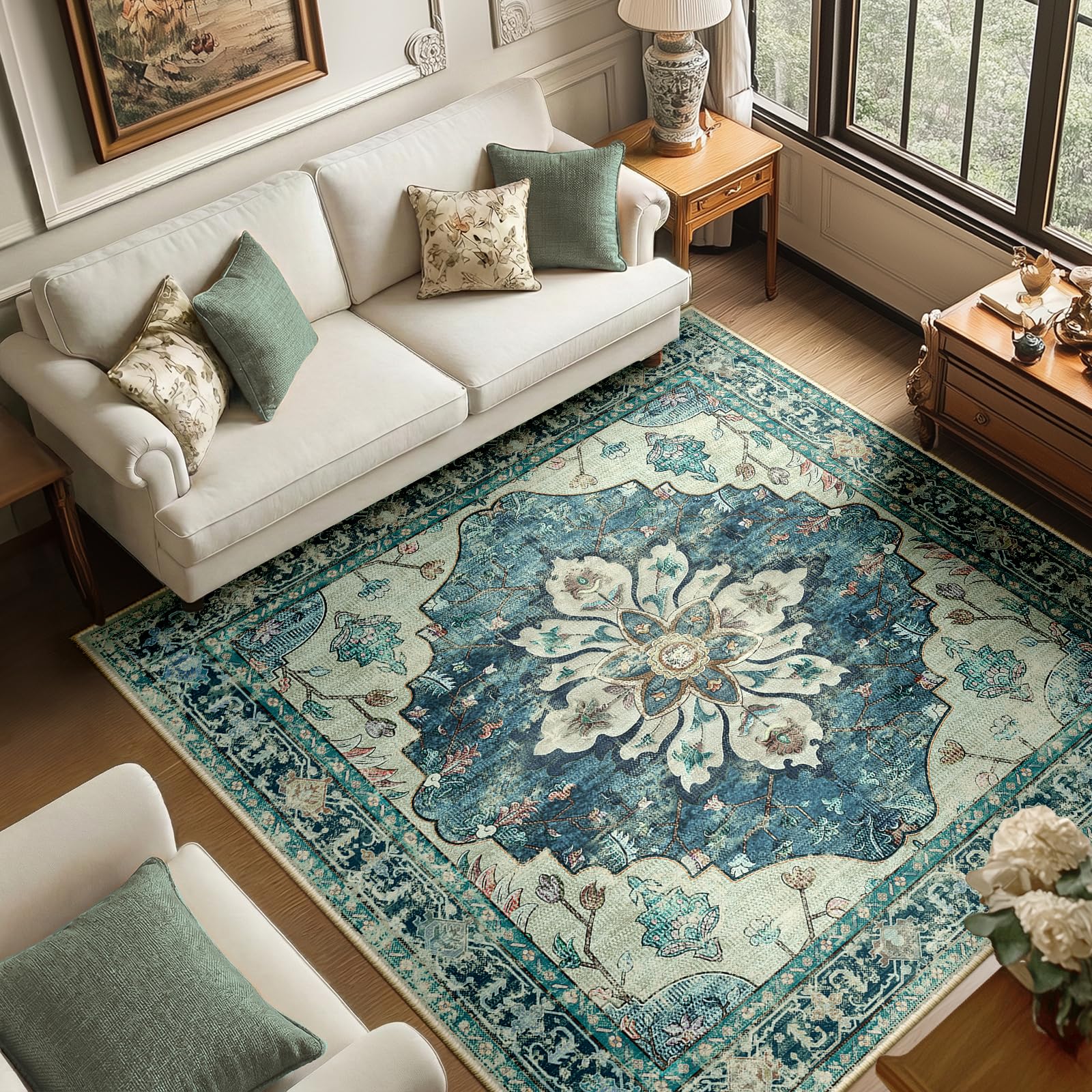 Washable Vintage Floral Area Rug