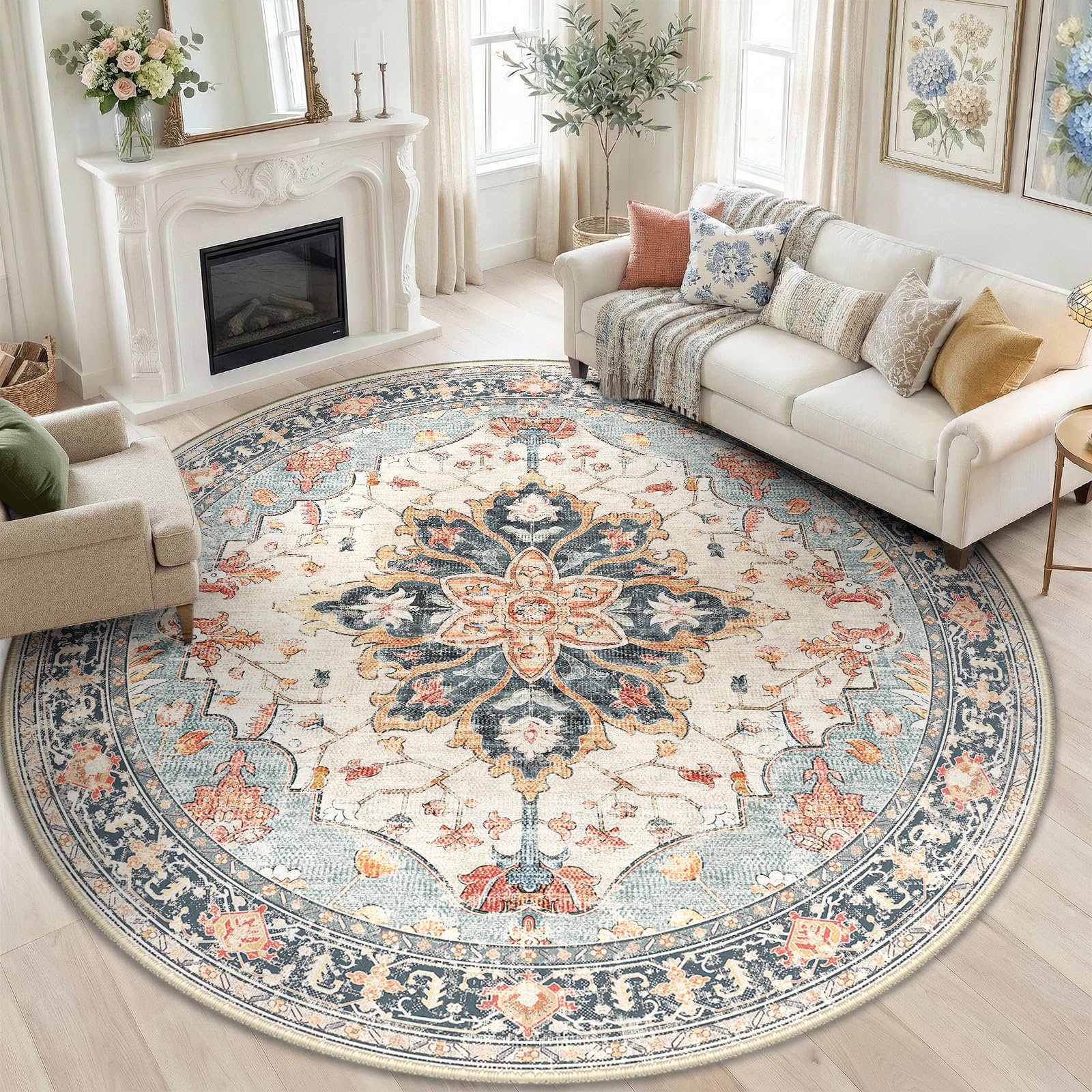 Washable Vintage Floral Area Rug