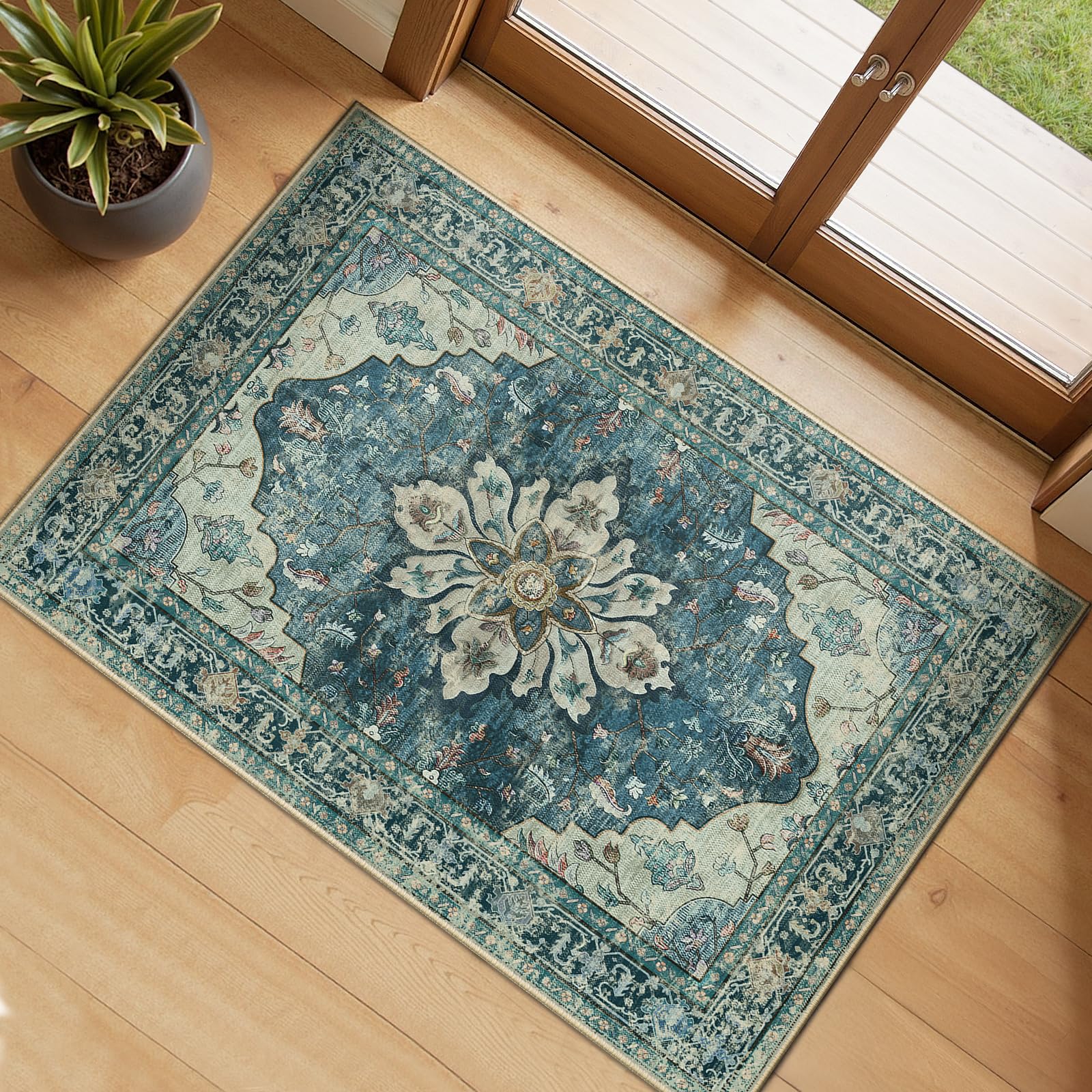 Washable Vintage Floral Area Rug