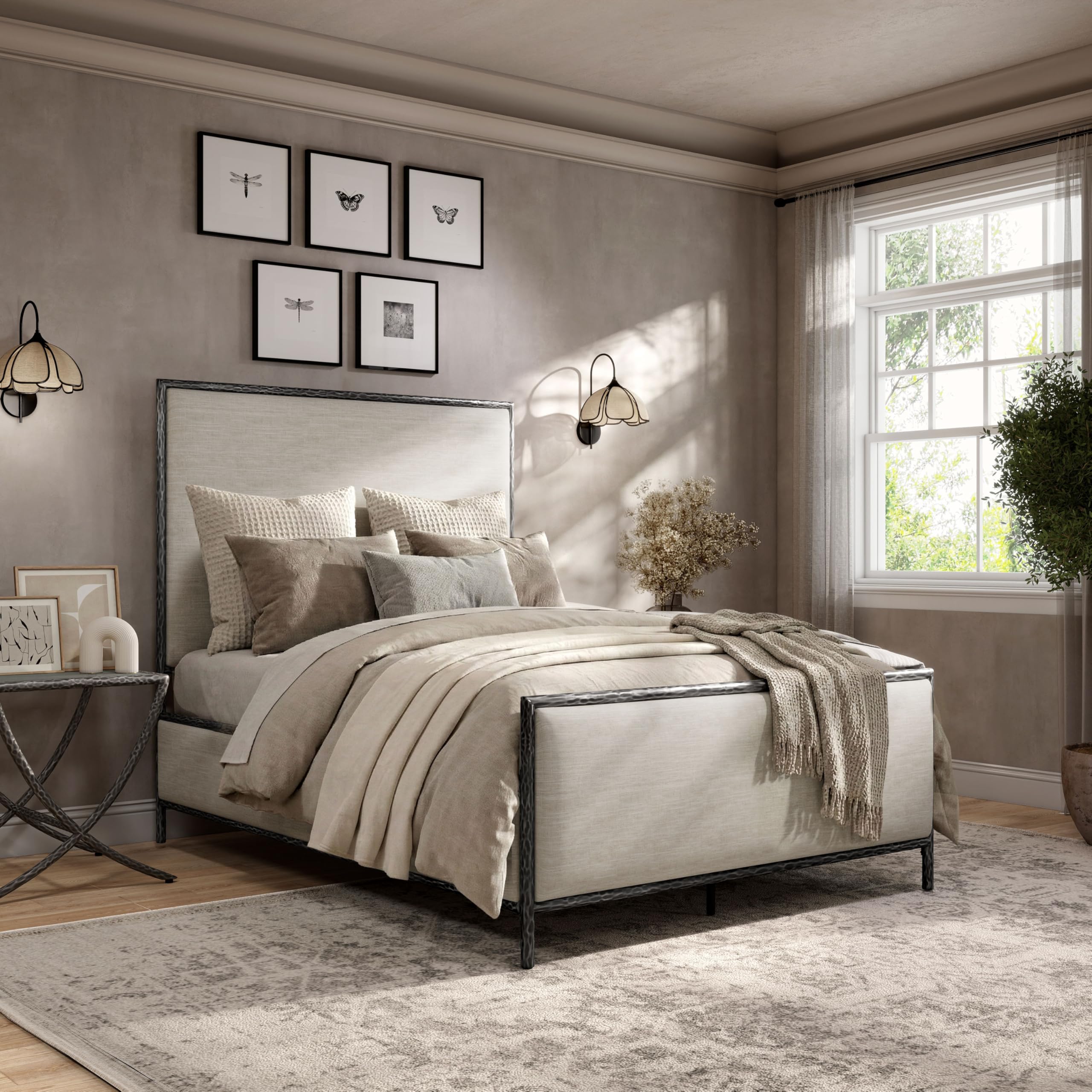 Hammered Metal Upholstered Bed with Headboard