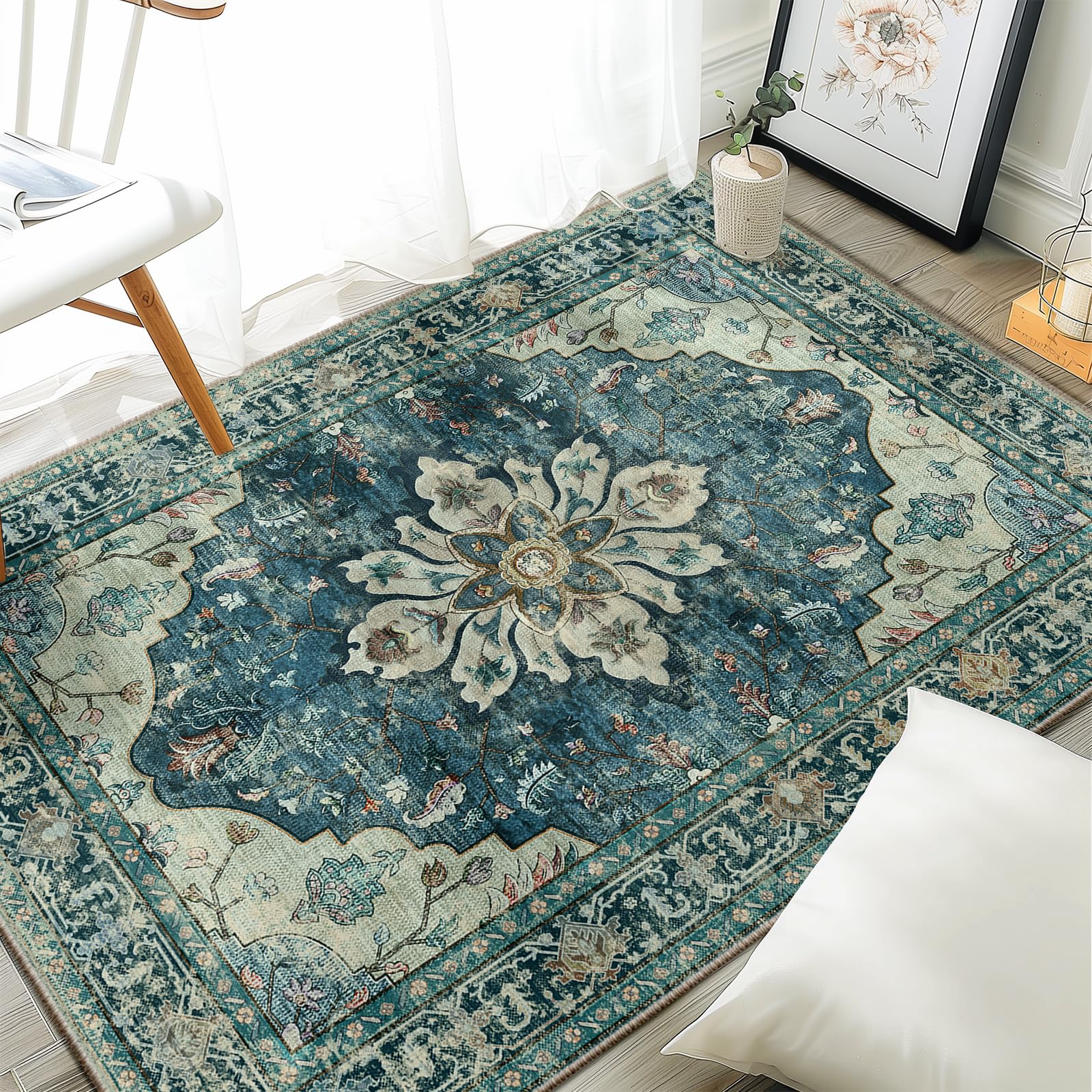 Washable Vintage Floral Area Rug
