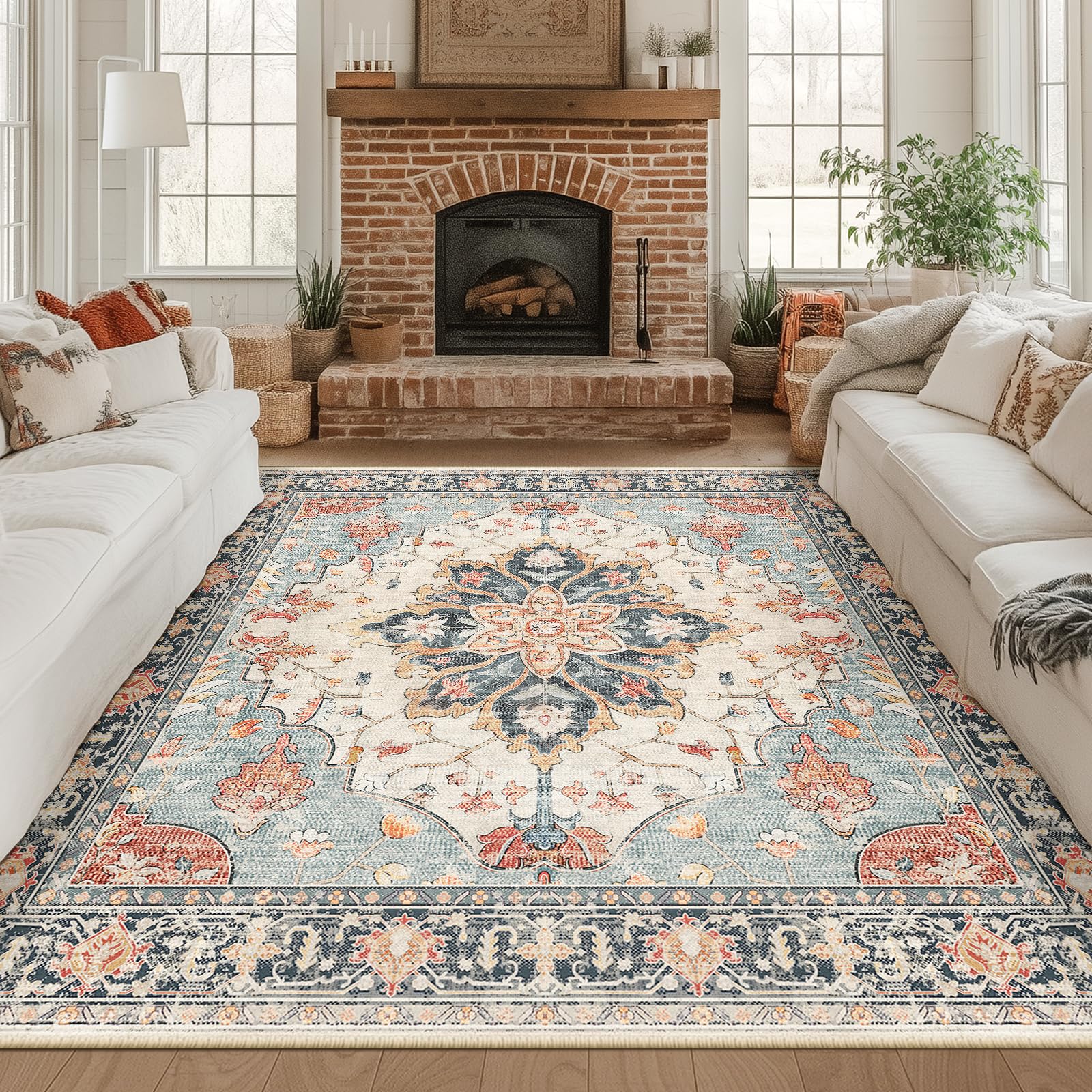 Washable Vintage Floral Area Rug